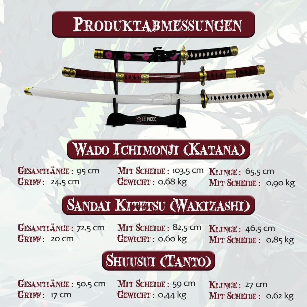 One Piece Roronoa Zoro Schwert-Set 3-teilig: Wado Ichimonji, Sandai Kitetsu & Shuusui | Stahlklingen Katana, Wakizashi & Tanto mit Ständer | Anime Deko Sammlerstück