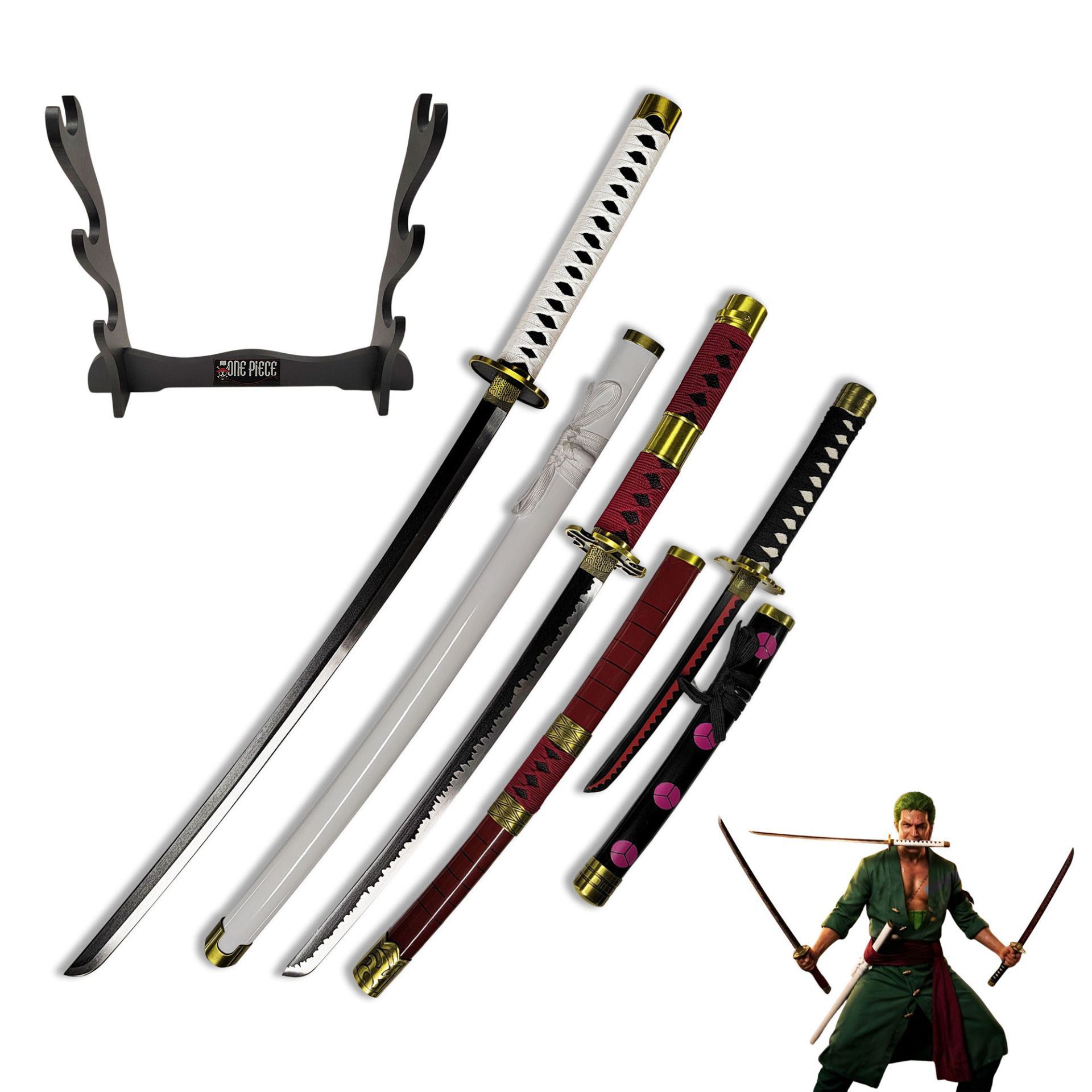 One Piece Roronoa Zoro Schwert-Set 3-teilig: Wado Ichimonji, Sandai Kitetsu & Shuusui | Stahlklingen Katana, Wakizashi & Tanto mit Ständer | Anime Deko Sammlerstück