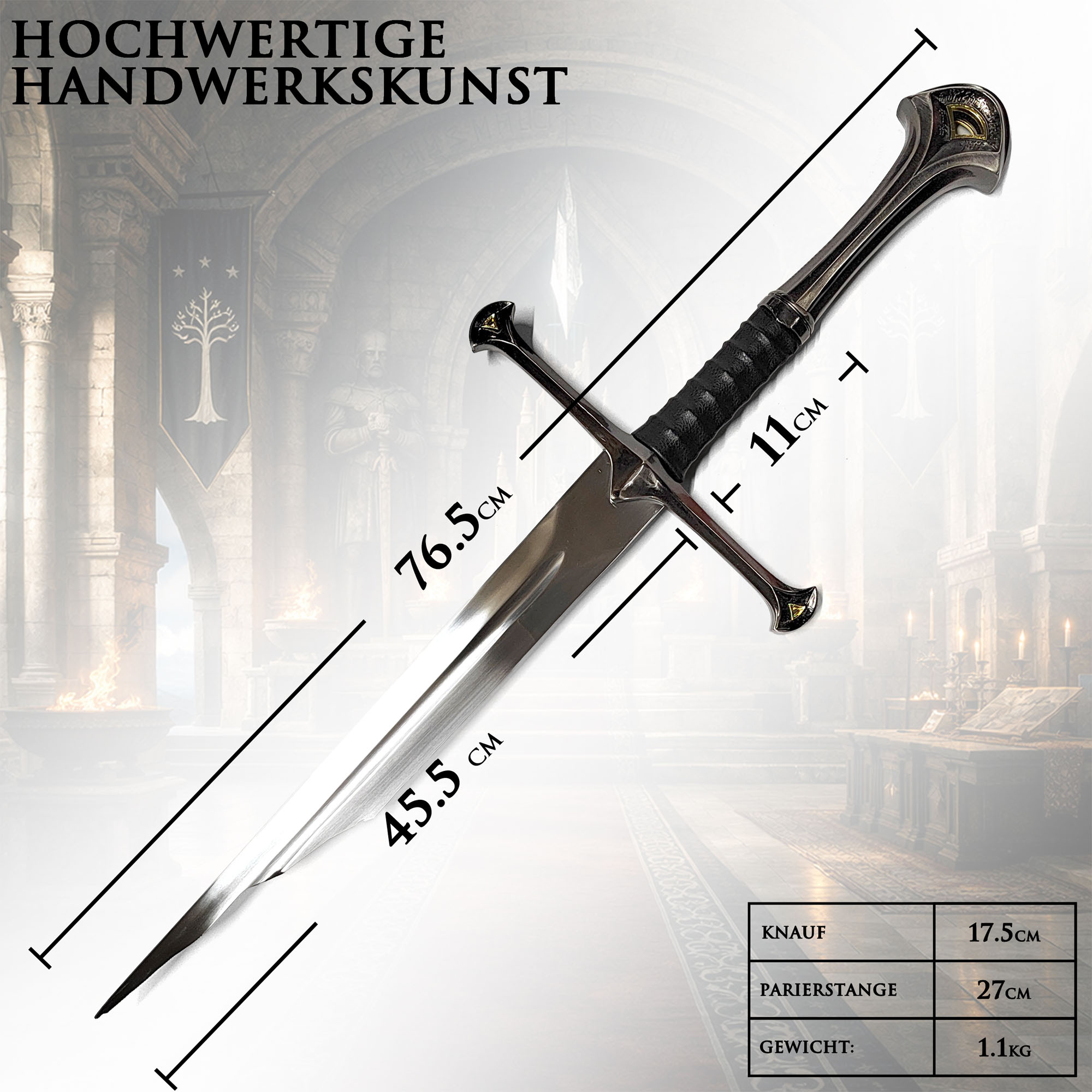 Herr der Ringe Narsil Schwert Replik 76,5 cm – Zerbrochenes Schwert von Isildur und Elendil – Lord of the Rings Sammlerschwert mit Wandhalterung aus Holz