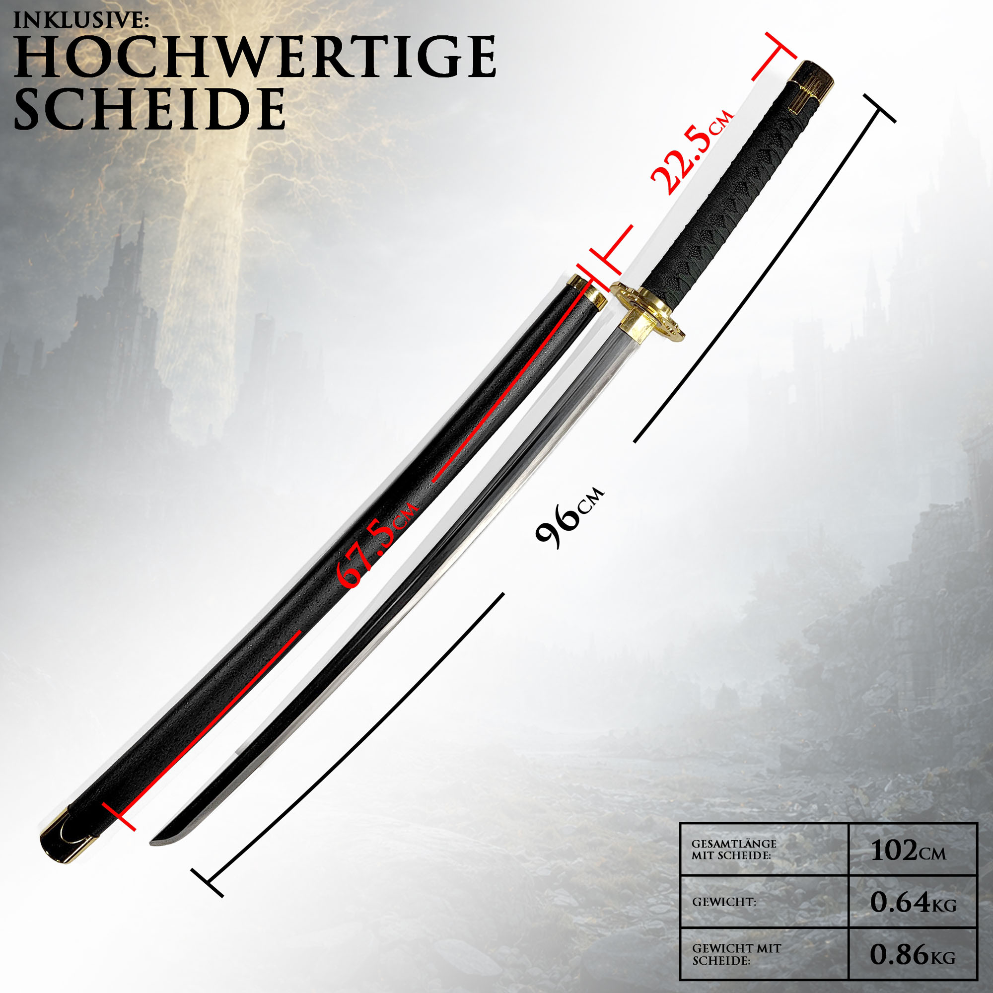 Elden Ring Nagakiba Katana 102cm | Jäger Yura Schwert aus Stahl mit Holzscheide | Bloody Finger Hunter Replik | Leichtes Samurai Cosplay Schwert & Deko