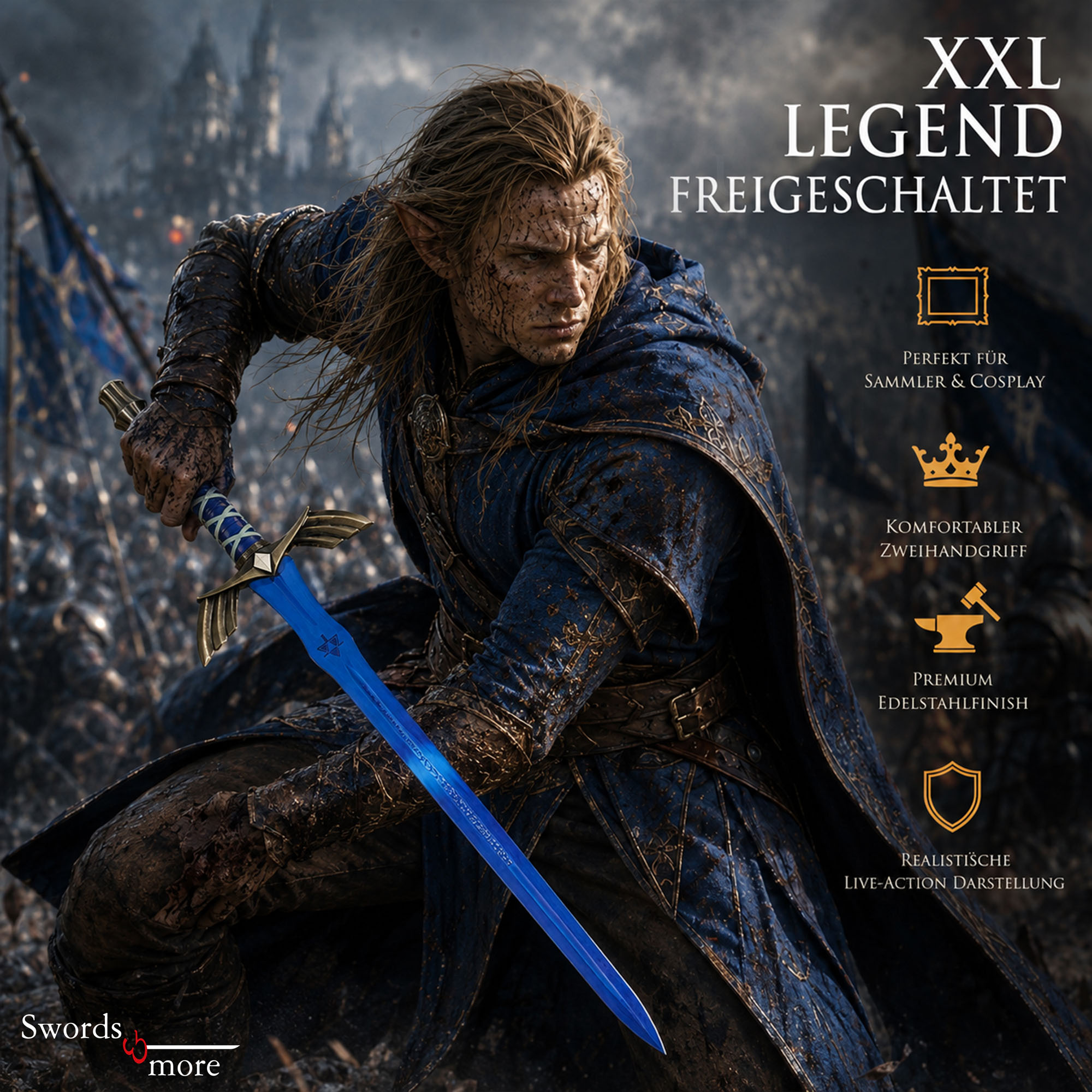 Zelda Master-Schwert Link: XXL Blaue Stahlklinge Replika inkl Scheide 125cm