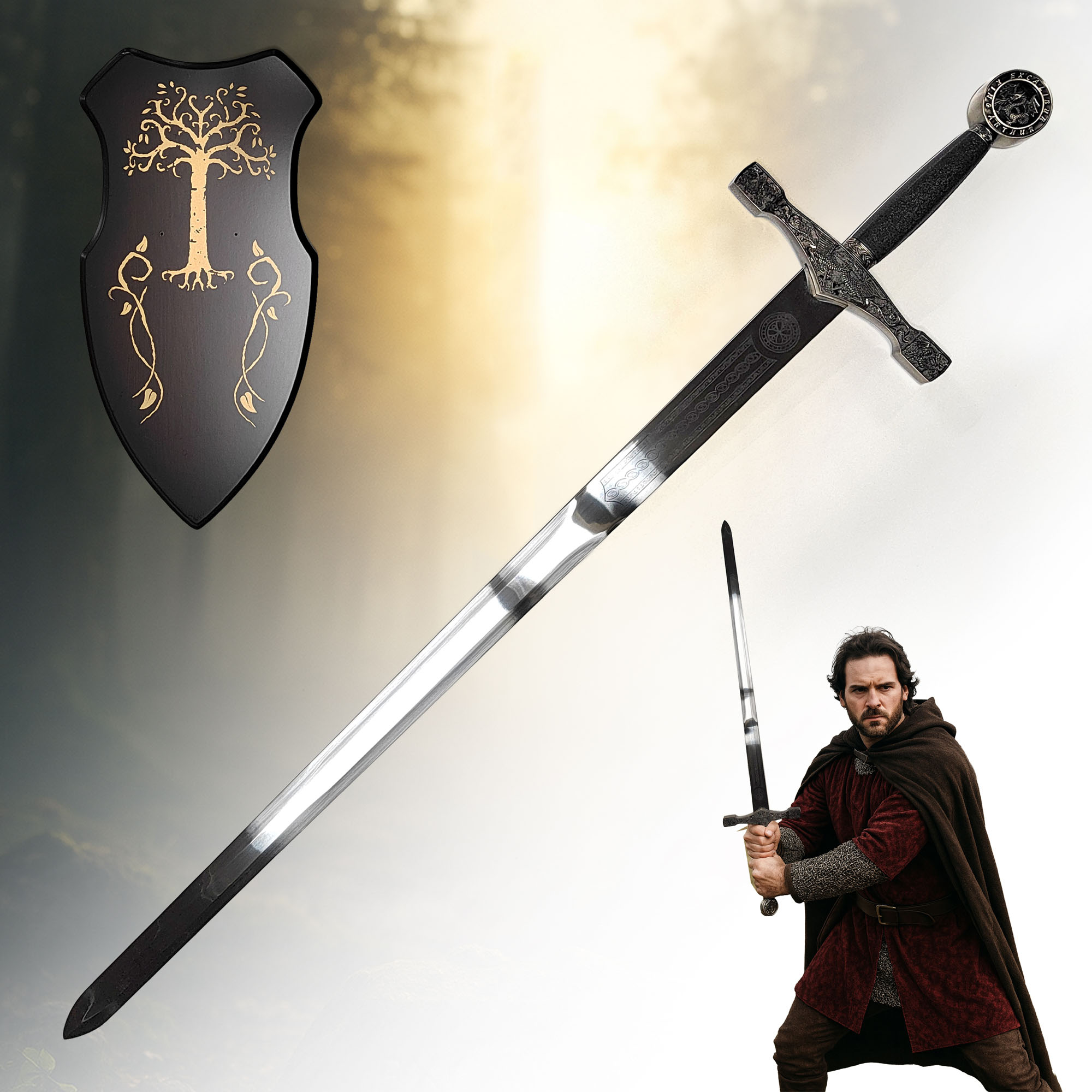 König Artus Schwert Excalibur 114cm | Massive Mittelalter Replik mit Stahlklinge & Holzgriff | Legendäres Ritter-Schwert mit Wandhalterung | Deko Sammlerstück