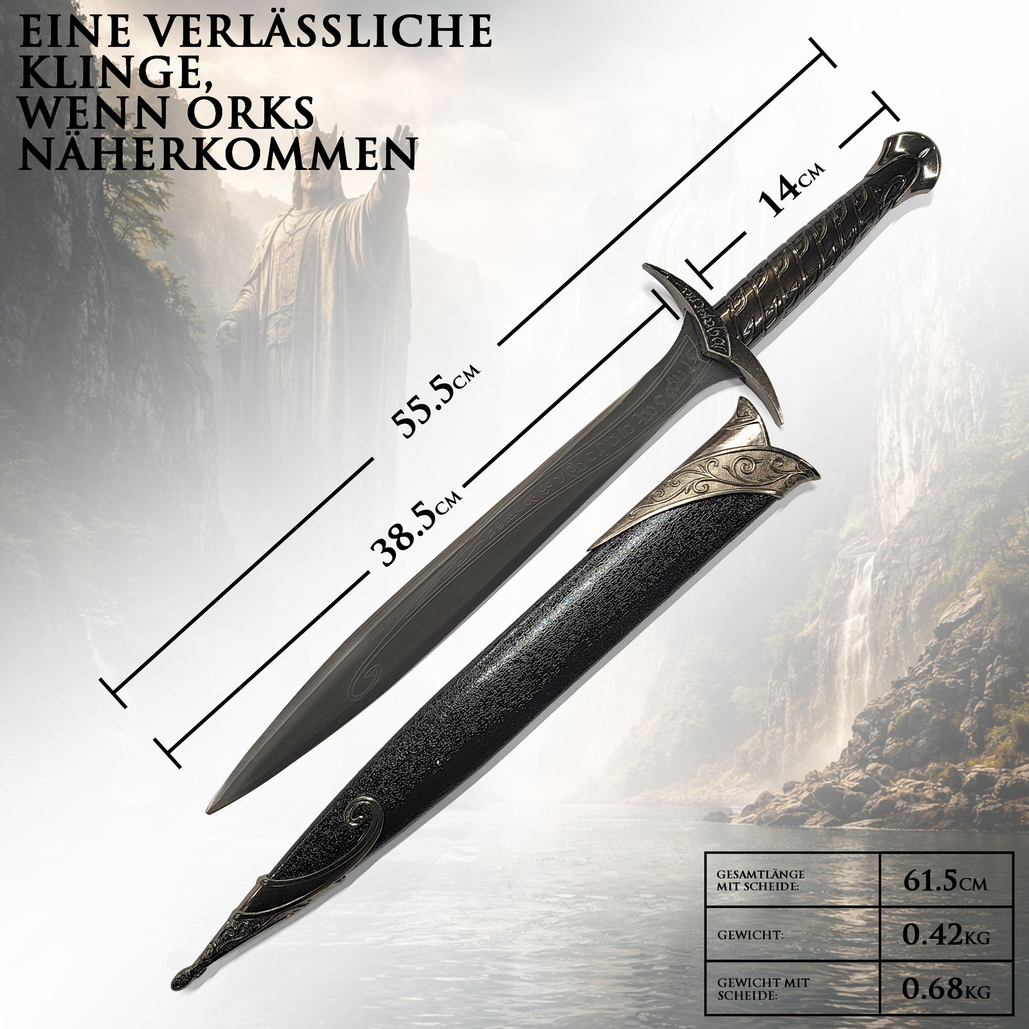 Fantasy Kurzschwert "Kleiner Abenteurer" mit Scheide 61,5cm | Halbling Dolch aus Edelstahl | Orkjäger Waffe für Cosplay & Deko | Schwarz/Anthrazit Edition
