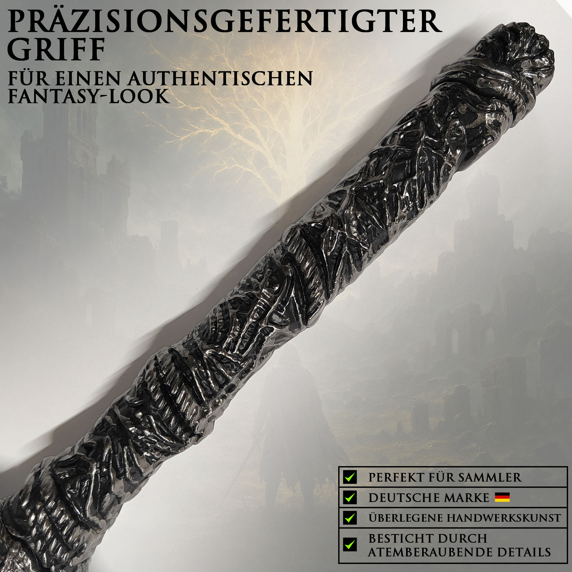 Elden Ring Dark Moon Großschwert Holz mit Scheide 126cm | Rannis Dunkelmond Replik aus Bambus | Leichtes Cosplay Schwert & Deko Waffe | Con-Safe Kostümzubehör