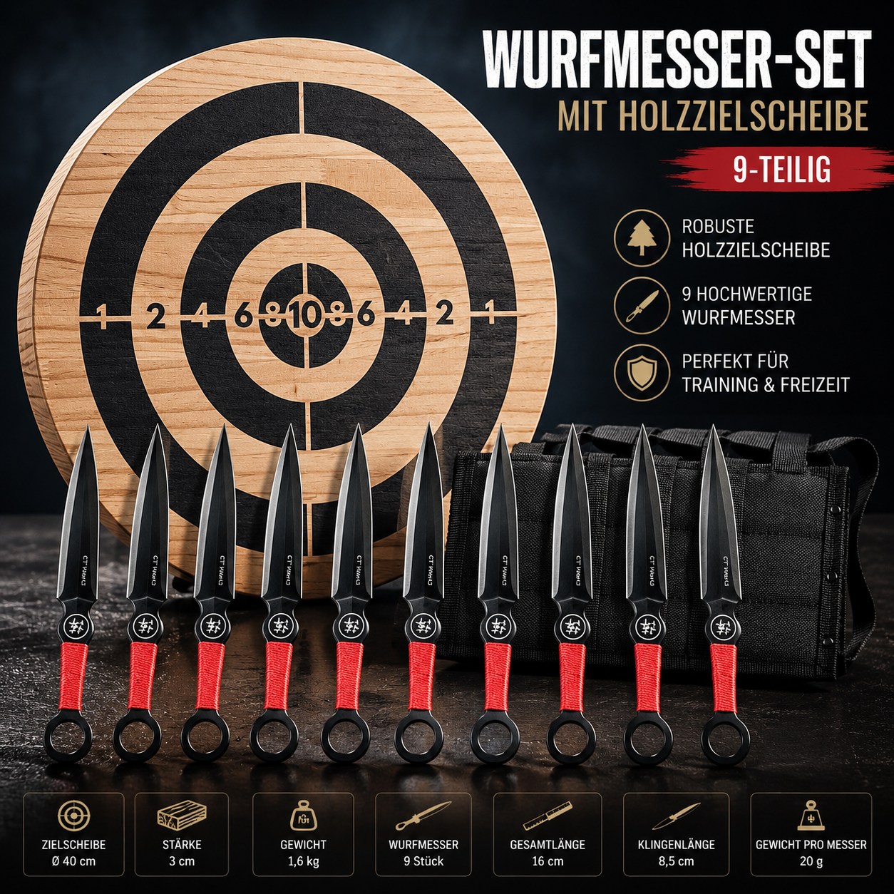 Wurfmesser Set 9 Stück mit Holzzielscheibe Ø 40cm | Edelstahl Ninja Kunai mit roter Griffwicklung | Inklusive Gürtelscheide | Outdoor Wurf-Training Komplettset für Einsteiger