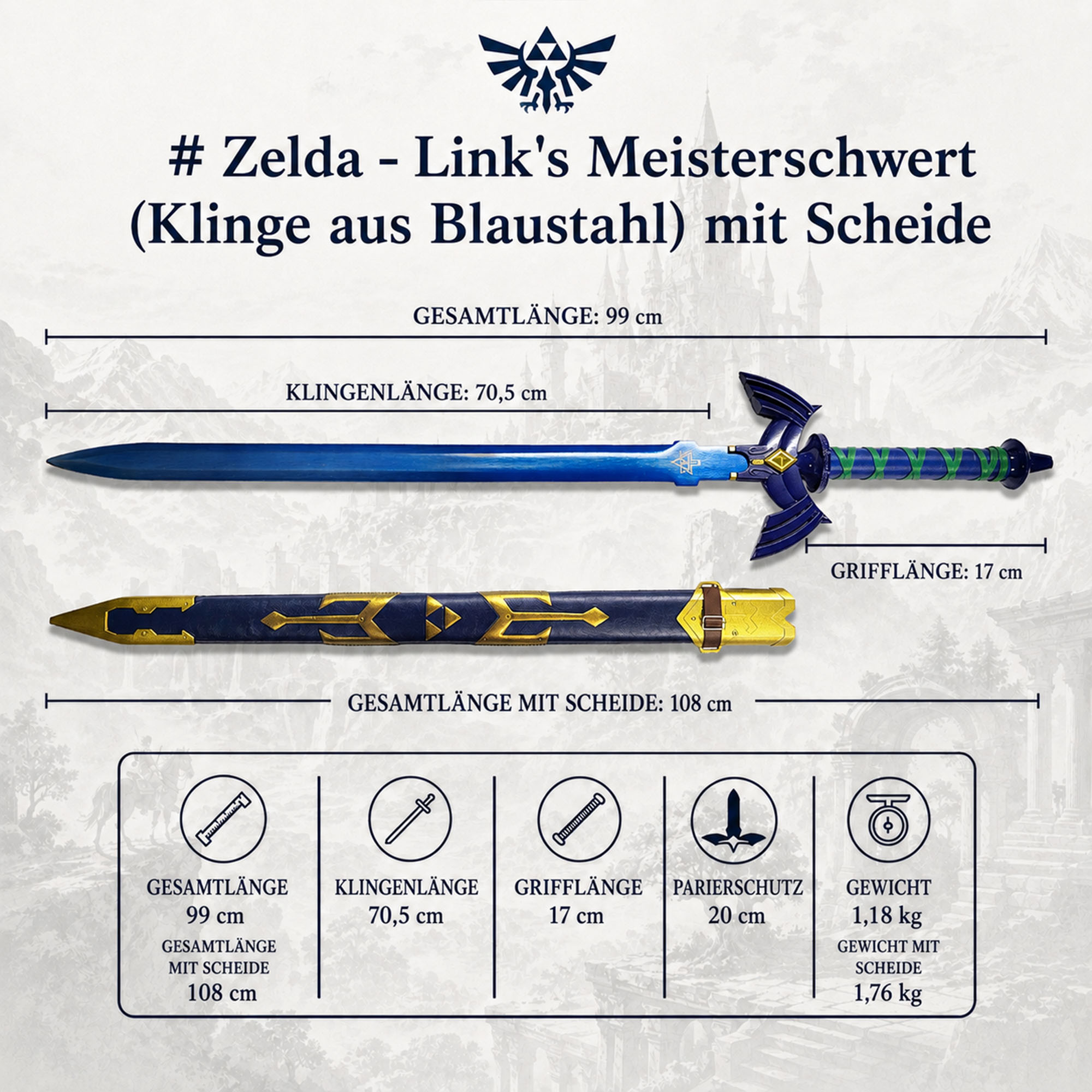 Zelda Master-Schwert Link: Blaue Stahlklinge Replik inkl. Holzscheide 108cm