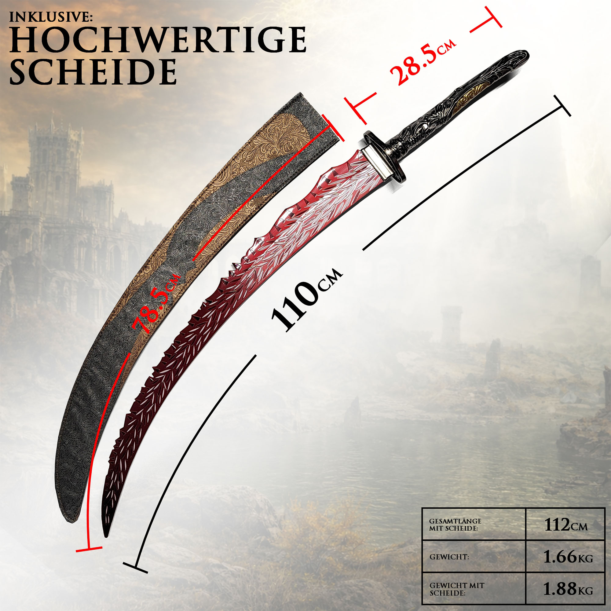 Elden Ring Drachenjäger Großkatana 112cm mit Ständer | Shadow of the Erdtree Waffe aus Stahl | Massives Great Katana mit Metallgriff & Scheide | Gaming Sammlerstück