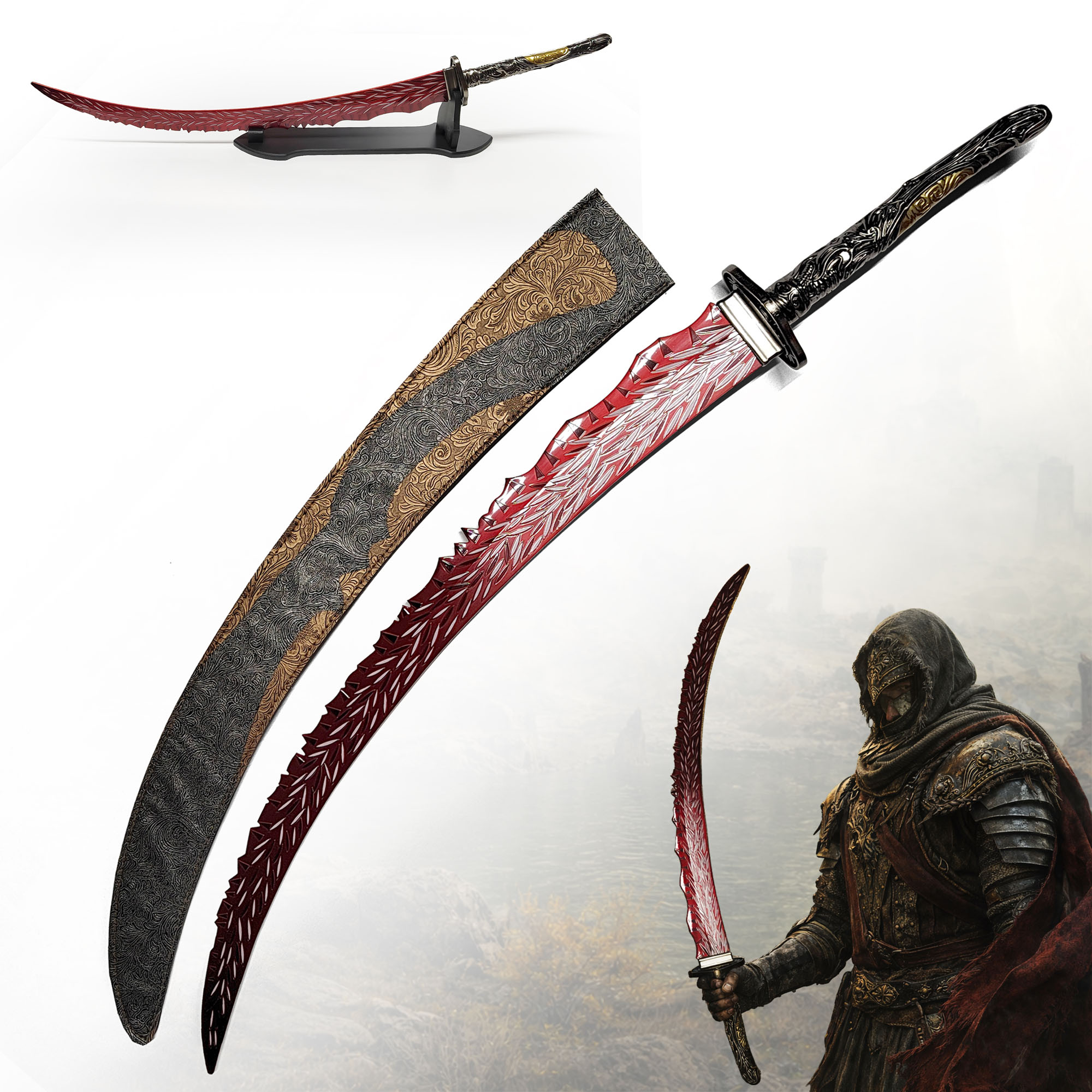 Elden Ring Drachenjäger Großkatana 112cm mit Ständer | Shadow of the Erdtree Waffe aus Stahl | Massives Great Katana mit Metallgriff & Scheide | Gaming Sammlerstück