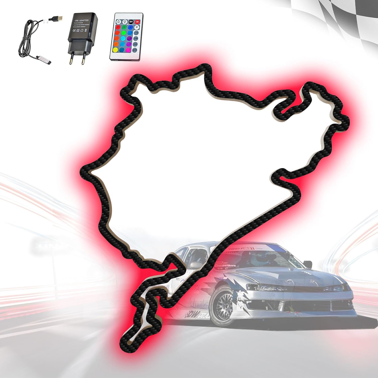 Holzskulptur Deko mit LED- Rennstrecke Nürburgring Gesamtstrecke mit Carbonfolie, Wandverzierung, 92 cm, Holzskulptur, Geschenk, Wanddekoration für Fans von Autorennen