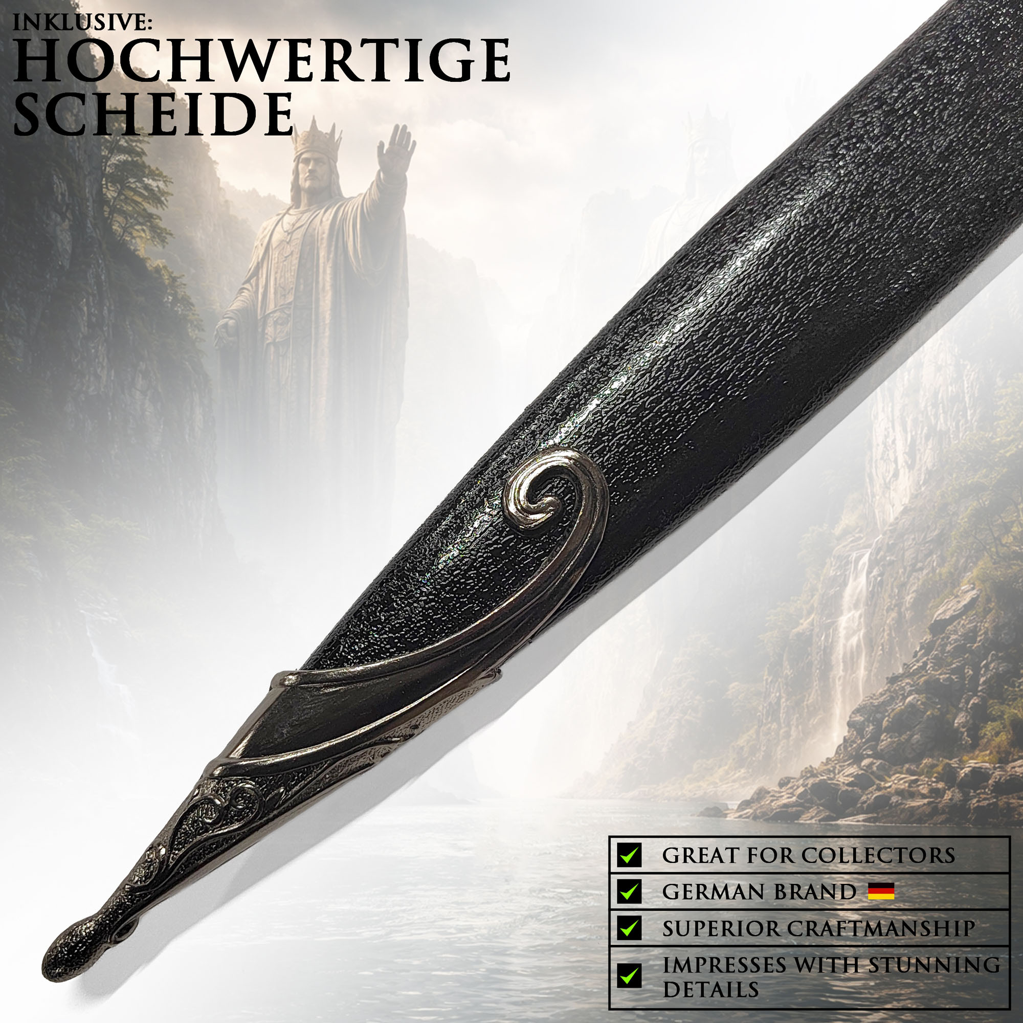 Fantasy Kurzschwert "Kleiner Abenteurer" mit Scheide 61,5cm | Halbling Dolch aus Edelstahl | Orkjäger Waffe für Cosplay & Deko | Schwarz/Anthrazit Edition