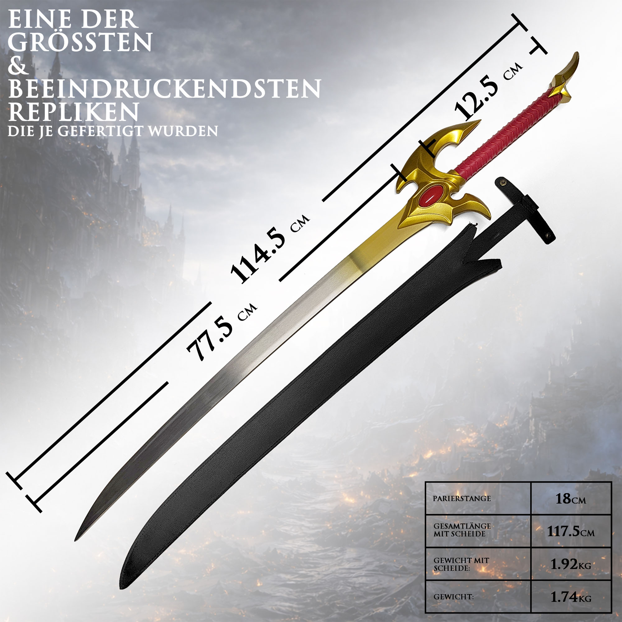 Solo Leveling Cha Hae-In Schwert Gold Edition 117,5 cm – Anime Katana Replik mit Scheide – Edelstahl Klinge Goldfinish Cosplay Deko Sammlerstück