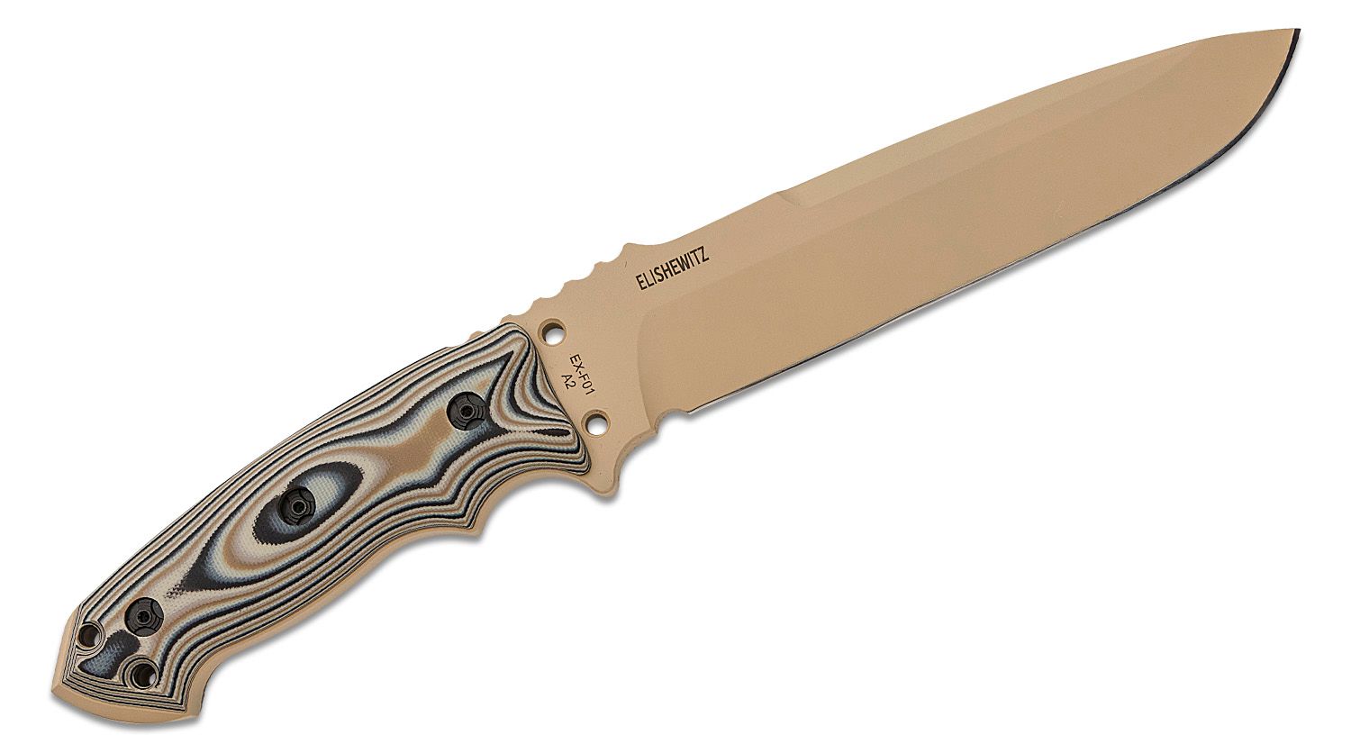 EX-F01, hellbraune Klinge aus A2-Kohlenstoffstahl, Dark Earth G-Mascus G10-Griff, hellbraune MOLLE-Scheide