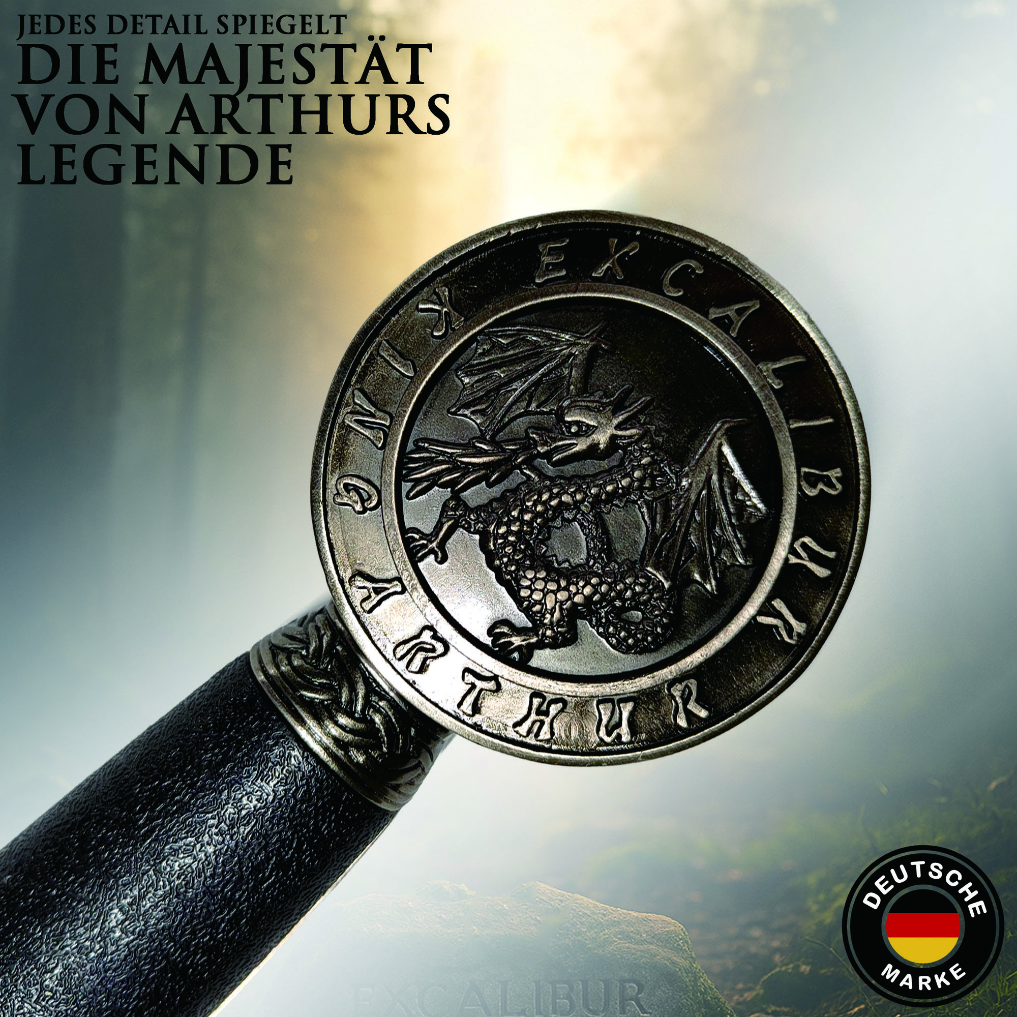 König Artus Schwert Excalibur 114cm | Massive Mittelalter Replik mit Stahlklinge & Holzgriff | Legendäres Ritter-Schwert mit Wandhalterung | Deko Sammlerstück