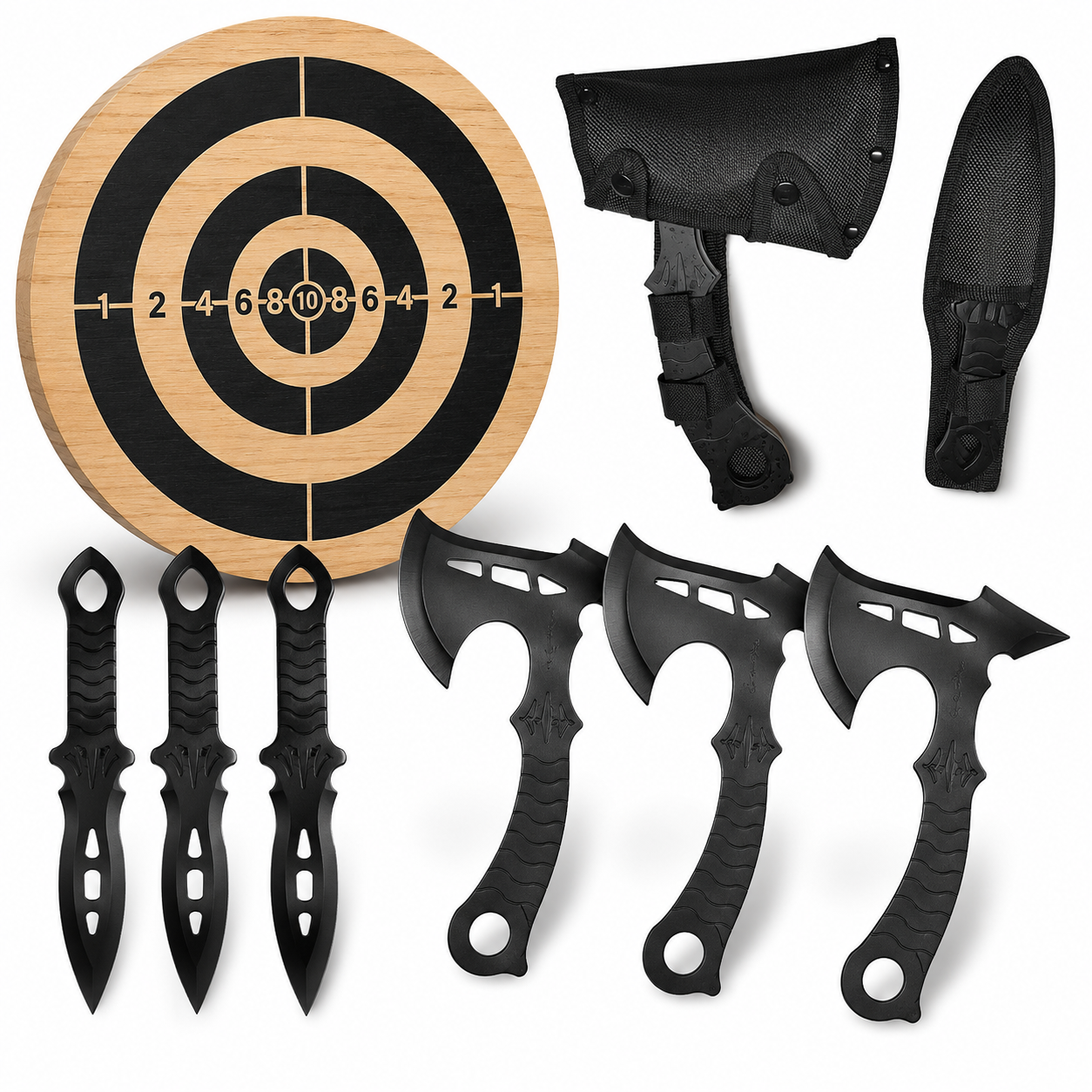 Wurfset mit Holzzielscheibe | 7-teiliges Komplettset: 3 Wurfäxte & 3 Wurfmesser | 3Cr13 Edelstahl Schwarz | Inkl. Zielscheibe Holz 40cm & Nylon-Tasche | Outdoor Wurf-Training