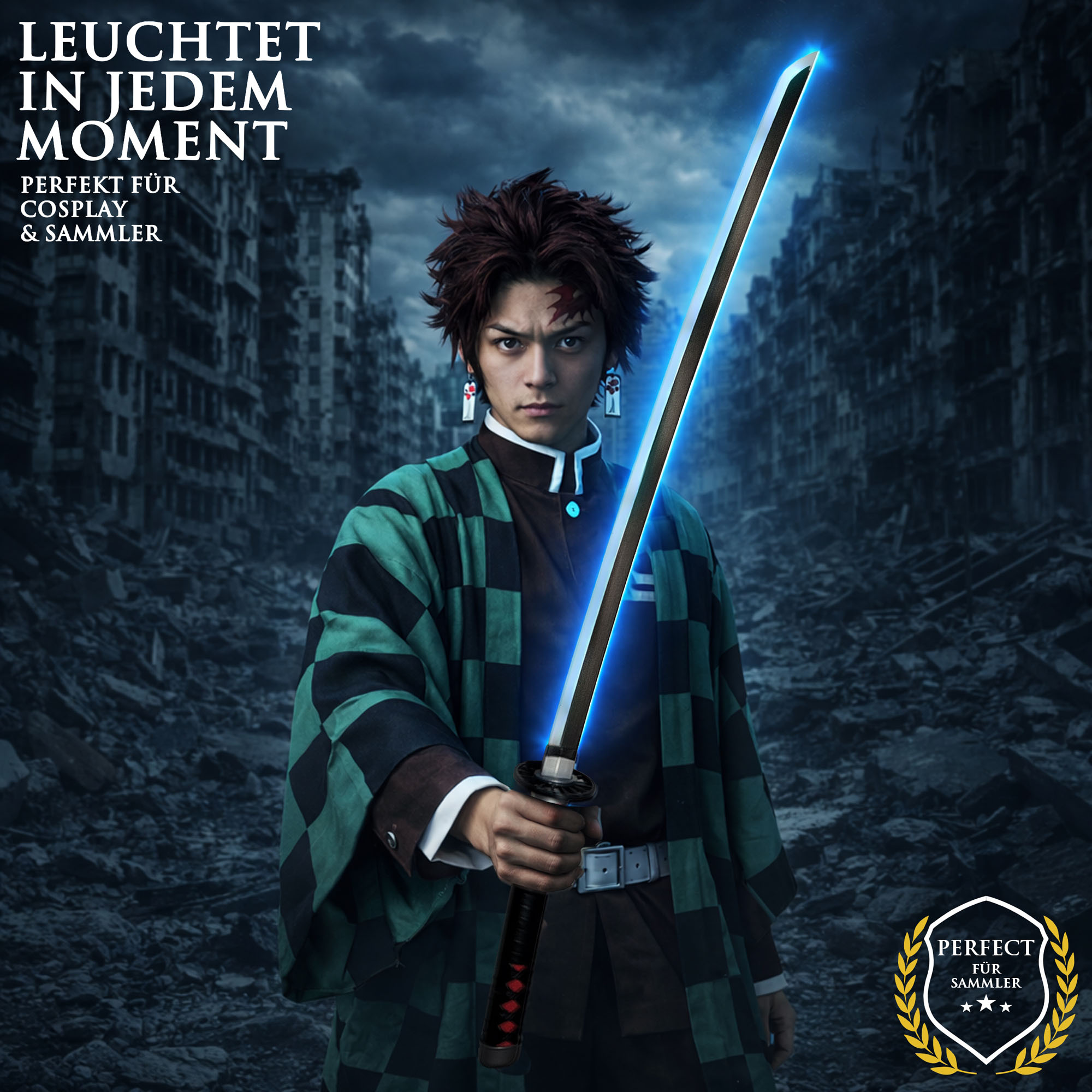 Demon Slayer Tanjirou Kamado Nichirin Katana 104 cm mit LED Klinge – Anime Schwert Replik mit Scheide & Ständer – 1045 Carbonstahl Cosplay Sammlerstück