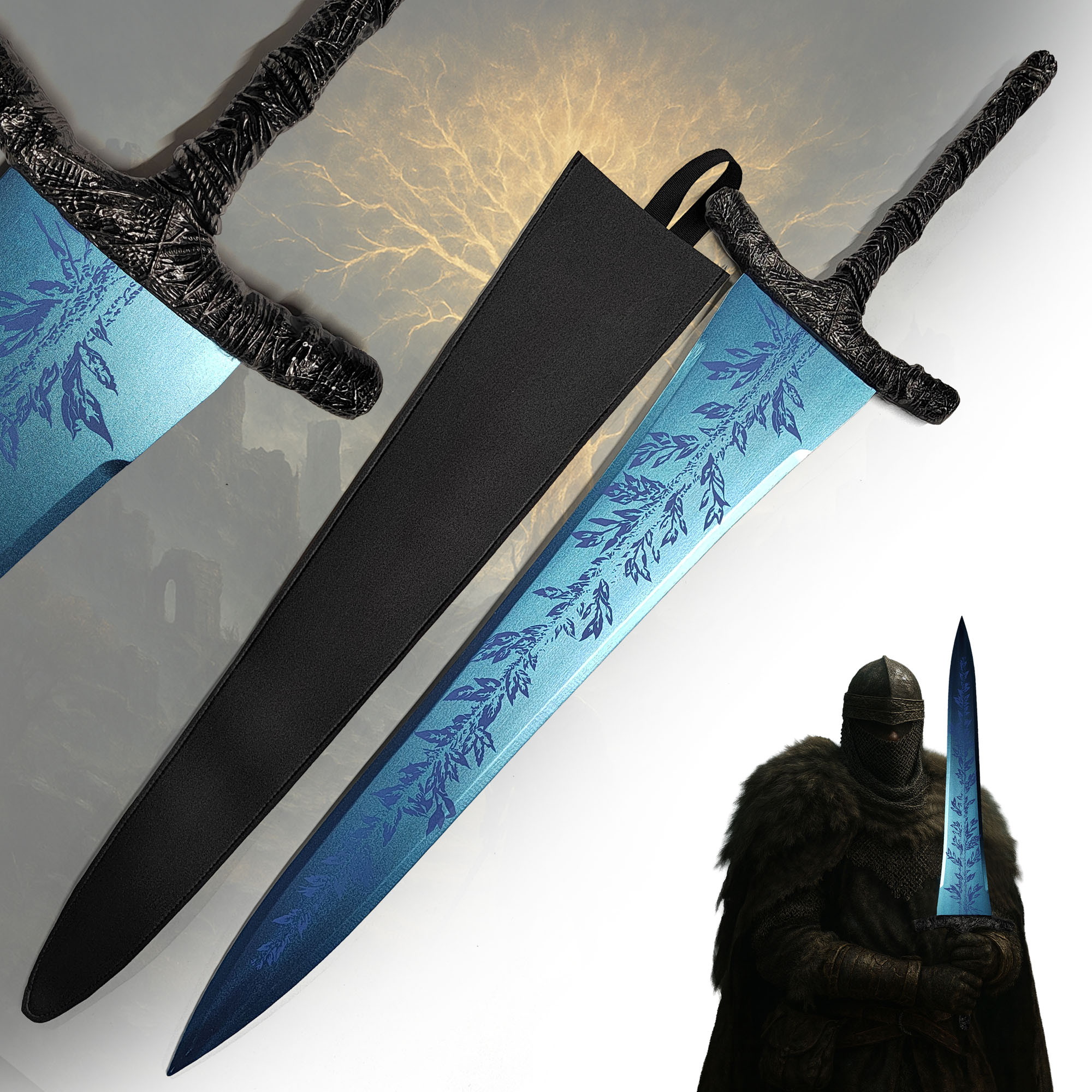 Elden Ring Dark Moon Großschwert Holz mit Scheide 126cm | Rannis Dunkelmond Replik aus Bambus | Leichtes Cosplay Schwert & Deko Waffe | Con-Safe Kostümzubehör
