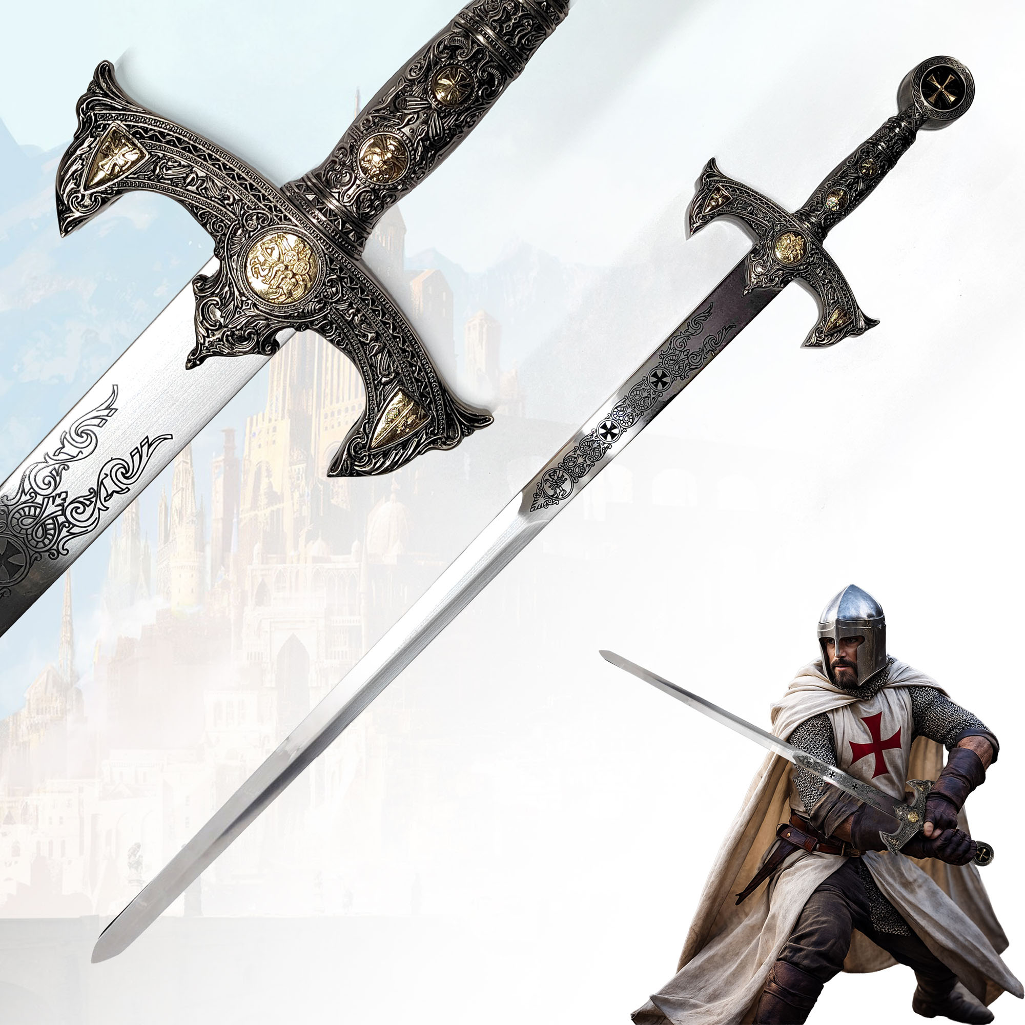 Tempelritter Schwert 118cm | Massives Vollstahl Kreuzritter Schwert (2,1 kg) | Mittelalter Deko Waffe mit Wandhalterung | Knights Templar Replik