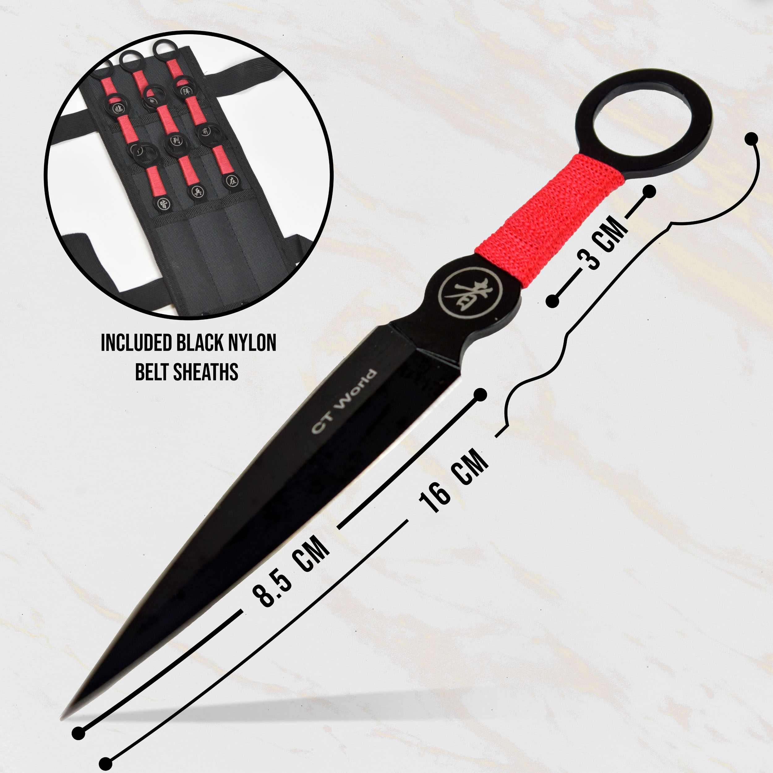Wurfmesser 9er-Set mit Scheide, Edelstahl-Kunai