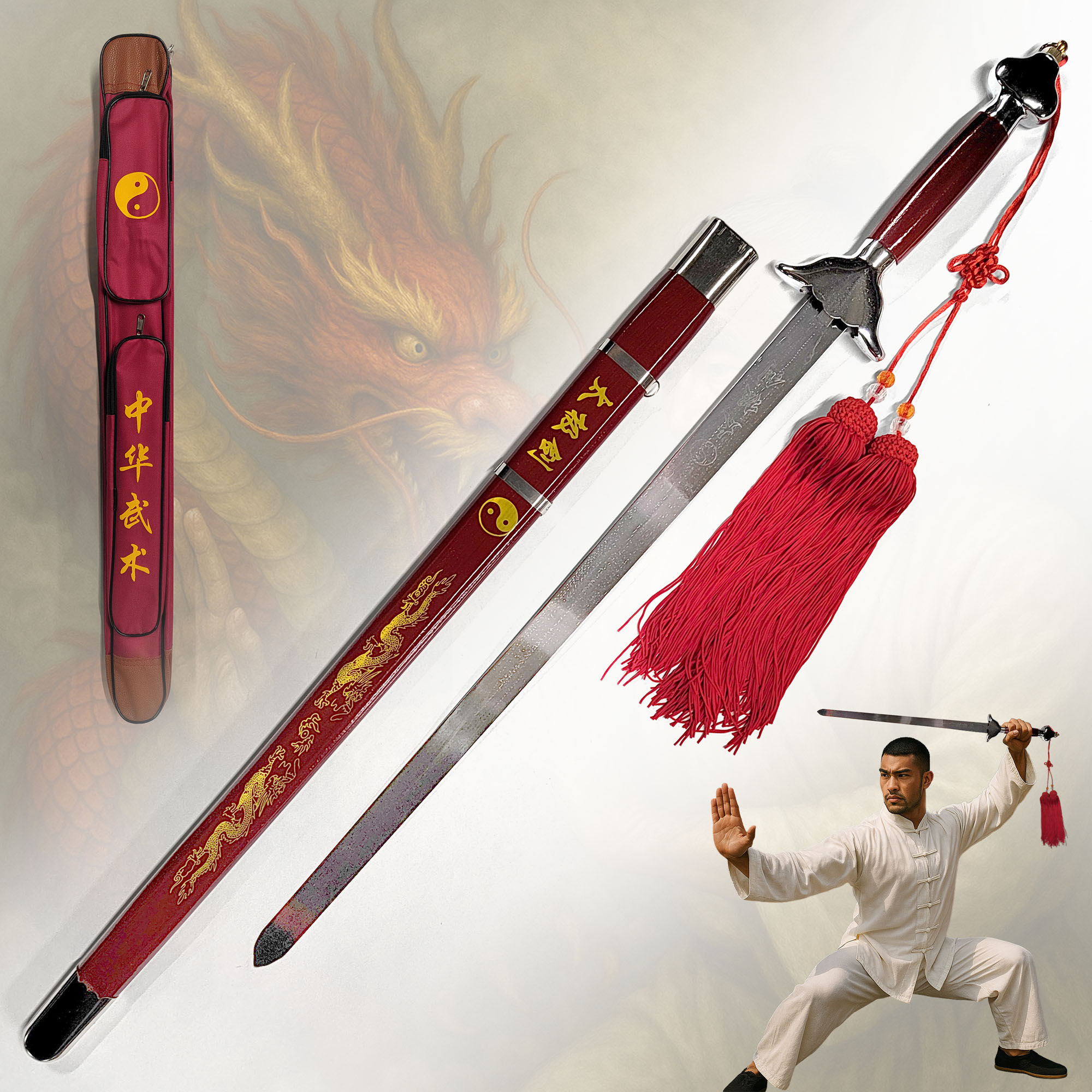 Tai Chi Schwert Jian kurz 56cm Klinge | Leichtes Übungsschwert für Kinder & Einsteiger | Festes Chinesisches Schwert mit Holzscheide & Tasche | Kung Fu & Qigong
