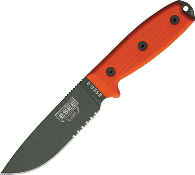 Esee Modell 4, teilweise gezahnt ohne Scheide, oranger Griff