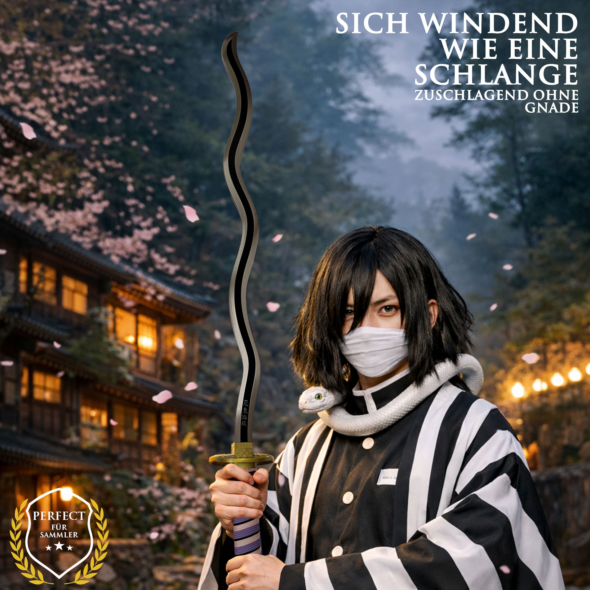 Demon Slayer Obanai Iguro Katana 103 cm mit Scheide – Nichirin Schwert Serpent Hashira – Karbonstahl Klinge Anime Replik mit Holzgriff und Metall Tsuba – Cosplay & Sammlerstück