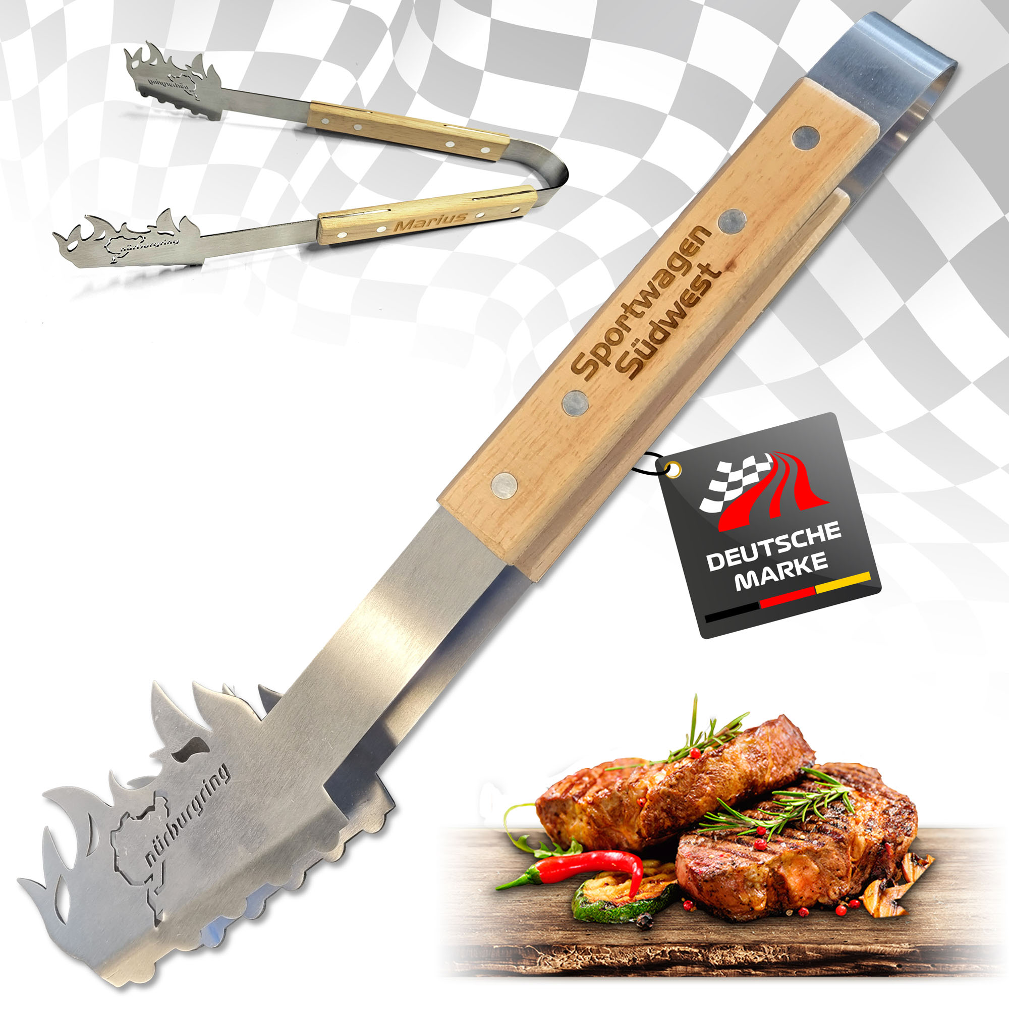 Nürburgring Grillzange mit persönlicher Gravur, BBQ Grillzange Edelstahl, Grillzange Holz, Grillzange lang, Ideal für Grillliebhaber, Robust und Langlebig, Küchenzange Perfekt für jeden Grillabend