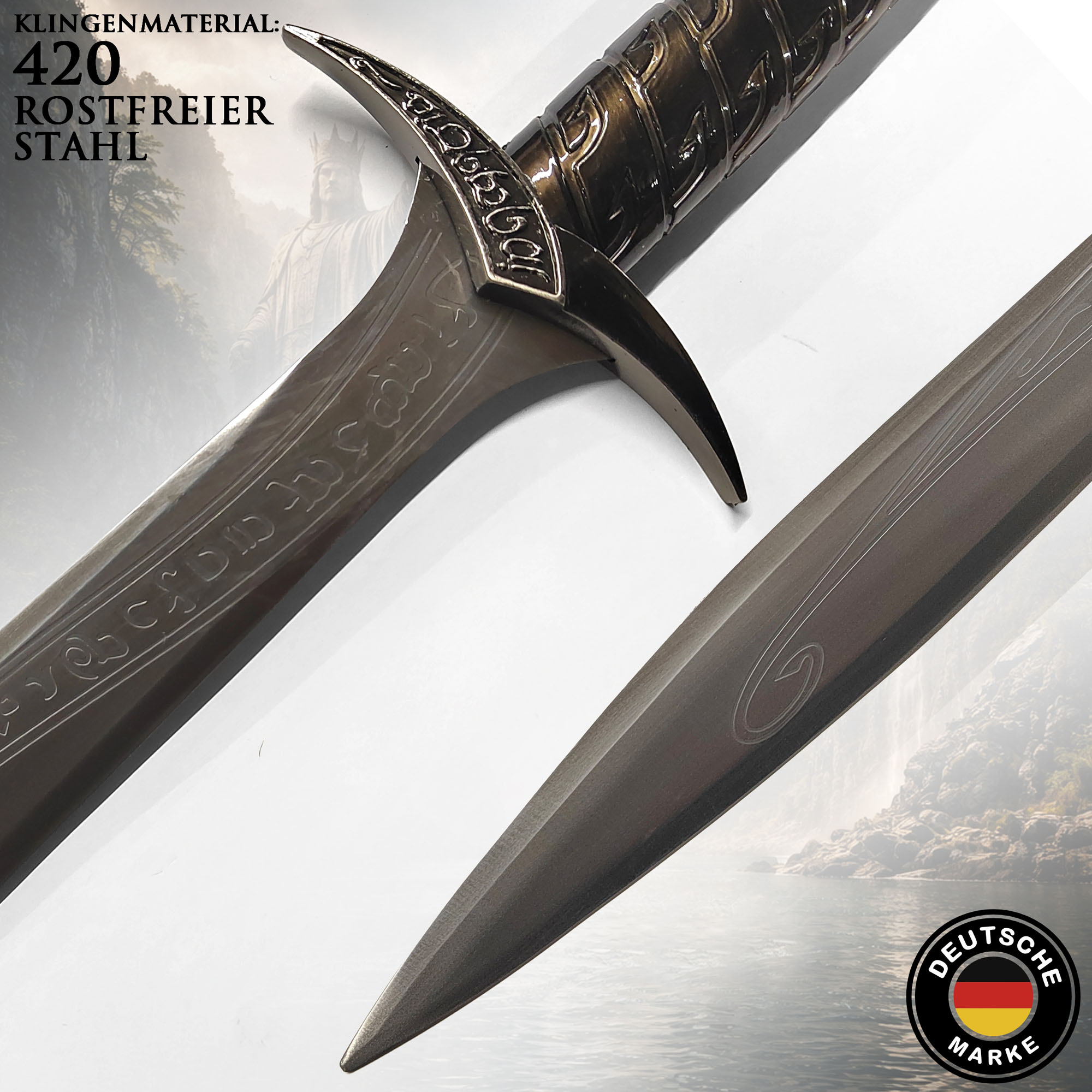 Fantasy Kurzschwert "Kleiner Abenteurer" mit Scheide 61,5cm | Halbling Dolch aus Edelstahl | Orkjäger Waffe für Cosplay & Deko | Schwarz/Anthrazit Edition