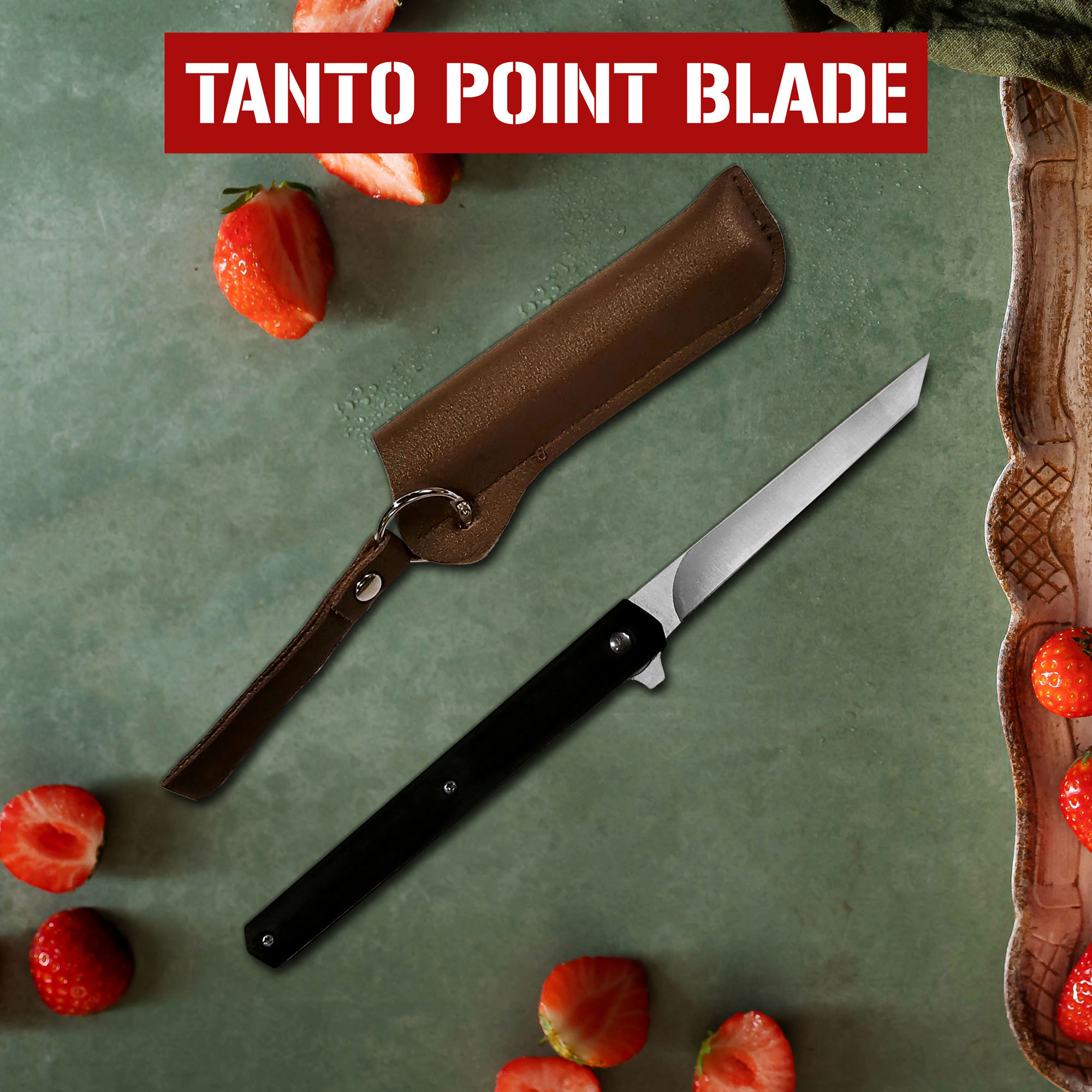 Outdoor Klappmesser Liner Lock, Tanto Point Klinge, schwarzer Holzgriff mit brauner Lederscheide