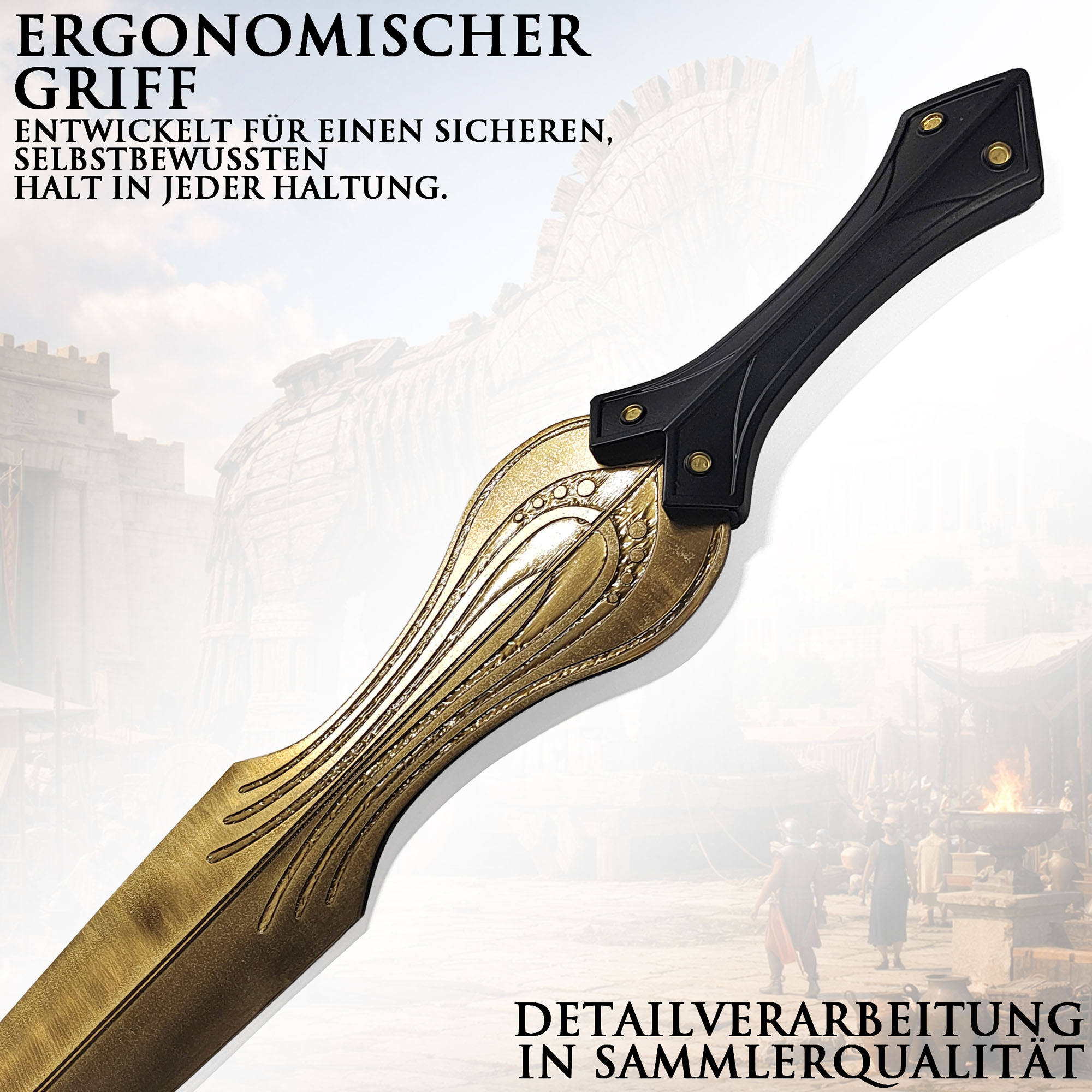 Troja Achilles Schwert 80cm | Brad Pitt Film Replik aus Stahl mit Wandhalter | Antikes Griechisches Kurzschwert (Xiphos) | Deko Waffe & Kostümzubehör