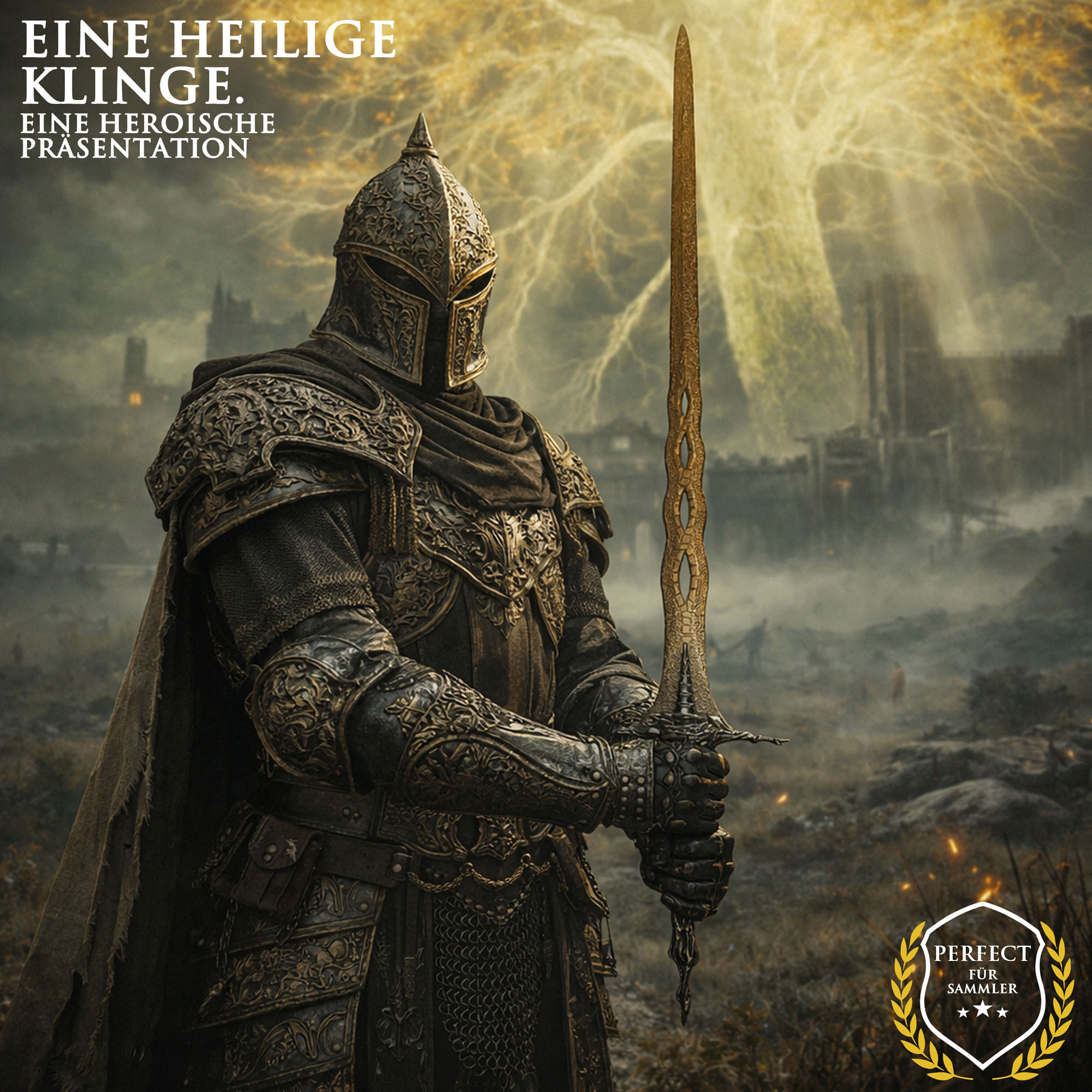 Elden Ring Heiliges Reliquienschwert 115cm mit Wandhalter | Sacred Relic Sword aus Stahl | Eldenbiest Waffe & Welle des Goldes | Massives Metall Sammlerstück (2kg)
