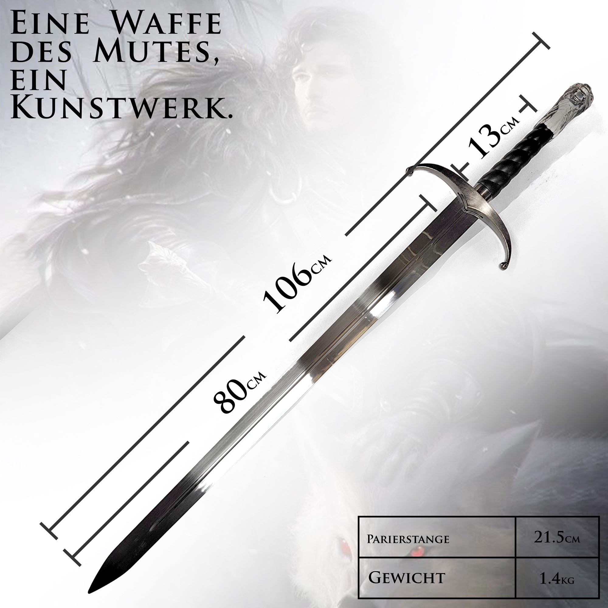 Game of Thrones Schwert Langklaue von Jon Schnee | Longclaw Replik 106cm | Deko Waffe mit Wolfsknauf & Wandhalterung | GoT Sammlerschwert