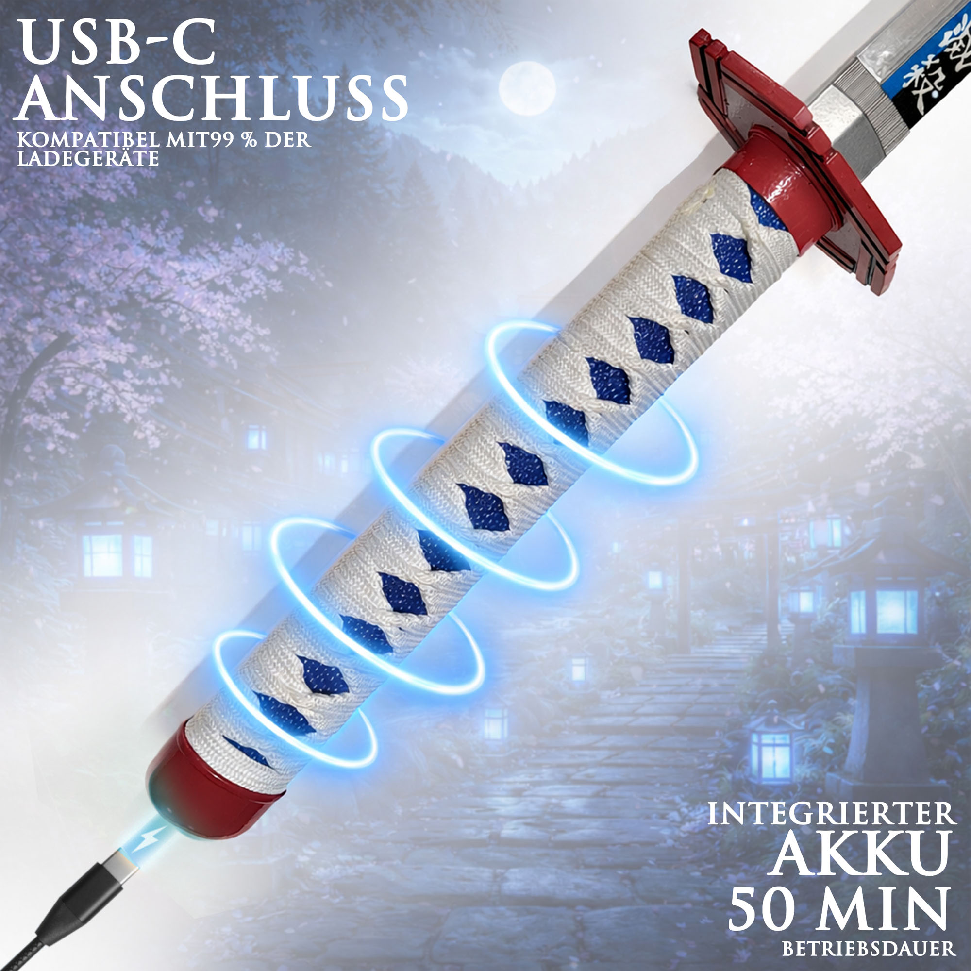 Demon Slayer Giyuu Tomioka Nichirin Katana 104 cm mit LED Klinge – Anime Schwert Replik mit Scheide & Ständer – 1045 Carbonstahl Cosplay Sammlerstück