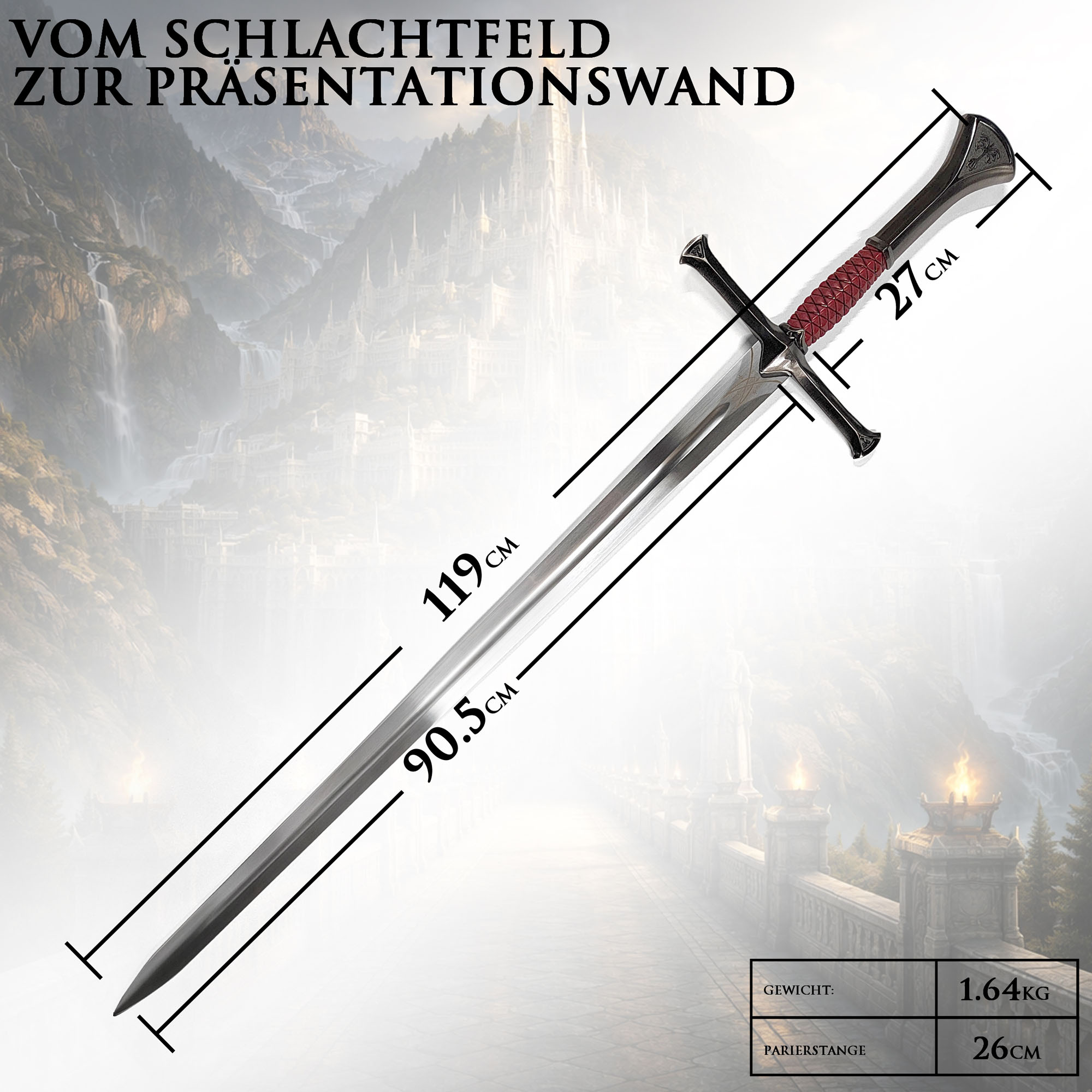 Herr der Ringe Isildur Schwert 119cm | Numenor Langschwert Replik aus Stahl mit Wandhalterung | Gondor Königswaffe für Sammler | LOTR Wanddeko