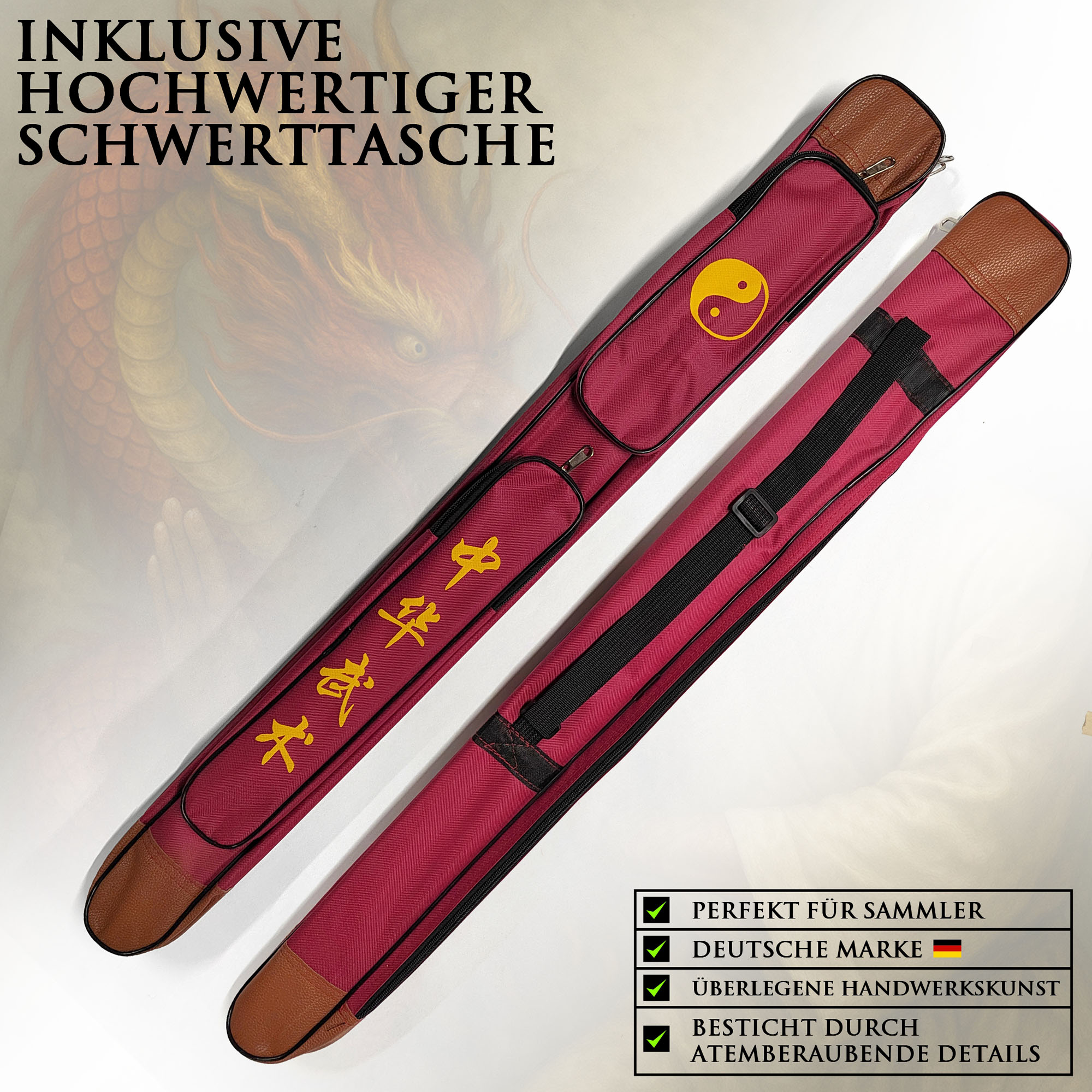 Tai Chi Schwert Jian kurz 56cm Klinge | Leichtes Übungsschwert für Kinder & Einsteiger | Festes Chinesisches Schwert mit Holzscheide & Tasche | Kung Fu & Qigong