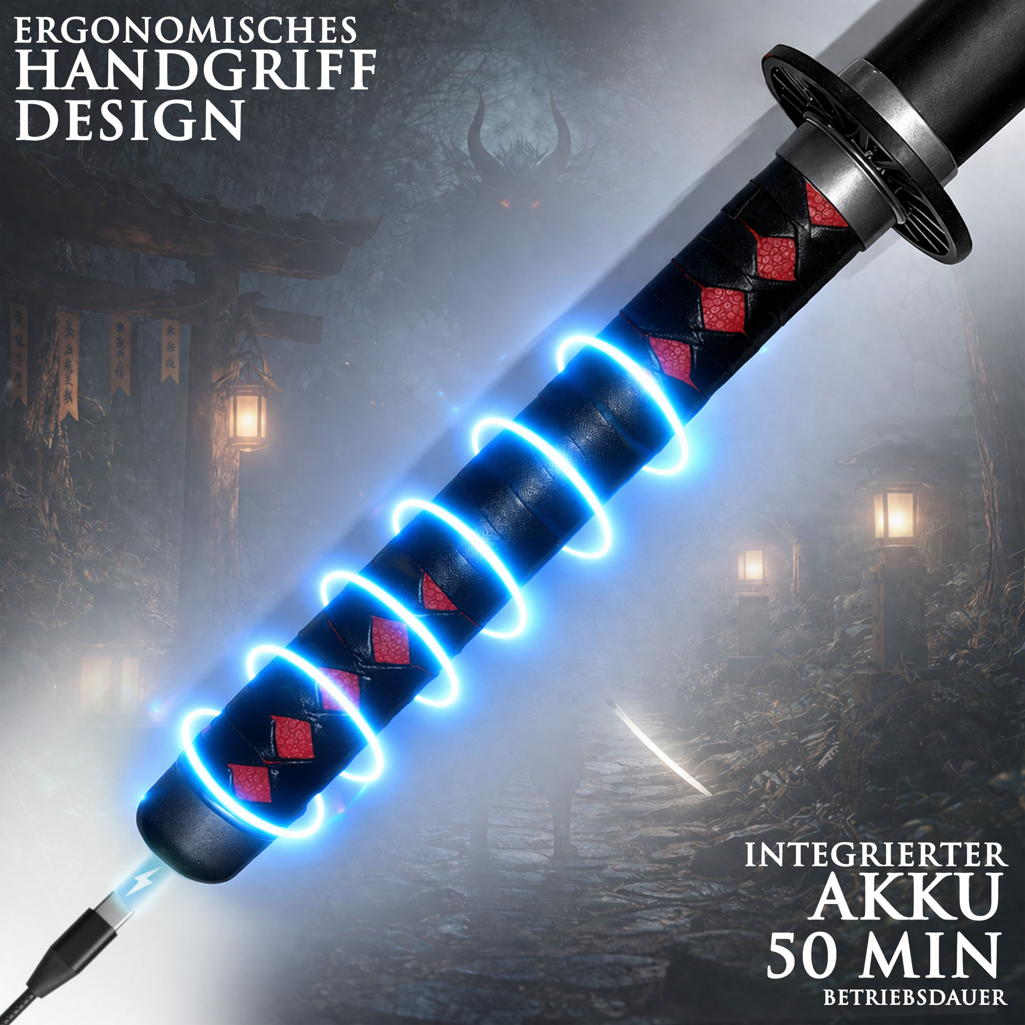 Demon Slayer Tanjirou Kamado Nichirin Katana 104 cm mit LED Klinge – Anime Schwert Replik mit Scheide & Ständer – 1045 Carbonstahl Cosplay Sammlerstück