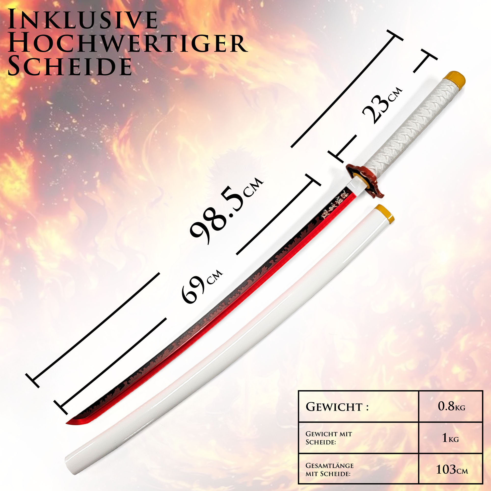 Demon Slayer Rengoku Kyoujurou Schwert mit Scheide (Stahlklinge mit LED-leuchtender Klingenkante)