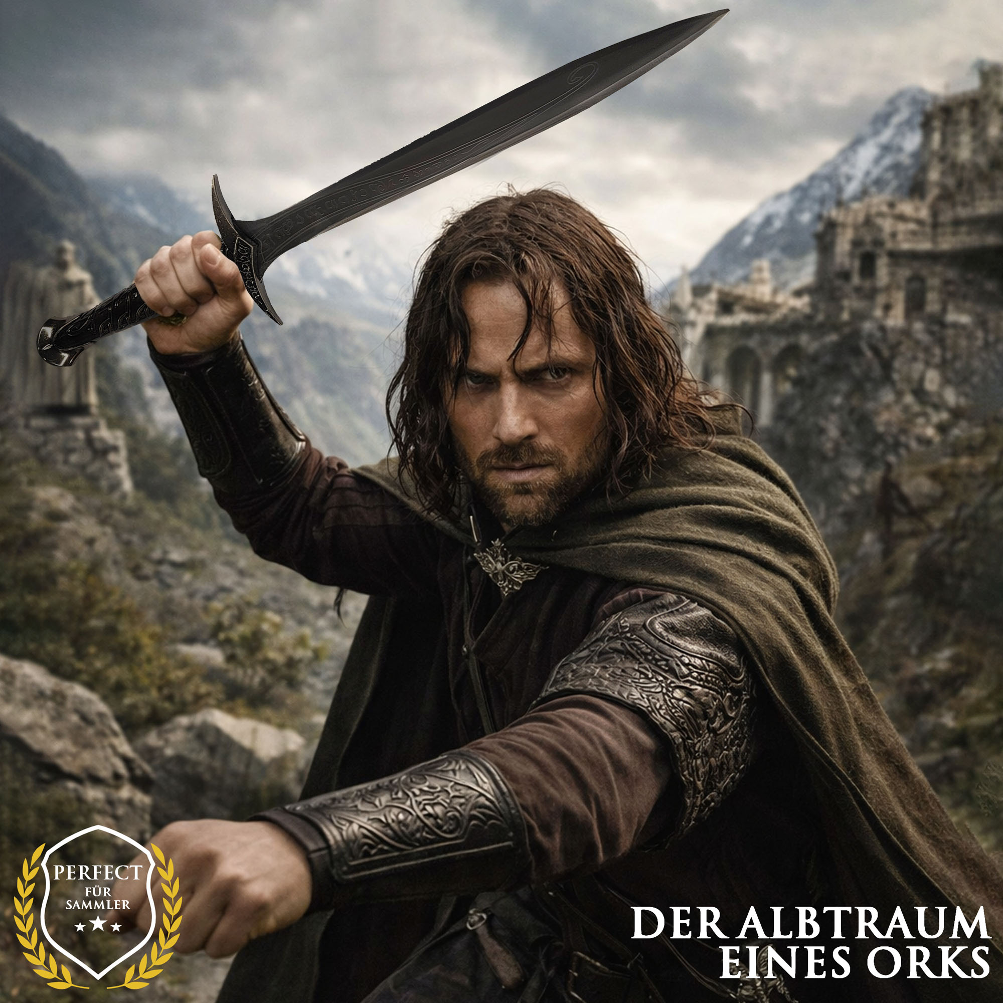 Fantasy Kurzschwert "Kleiner Abenteurer" mit Scheide 61,5cm | Halbling Dolch aus Edelstahl | Orkjäger Waffe für Cosplay & Deko | Schwarz/Anthrazit Edition