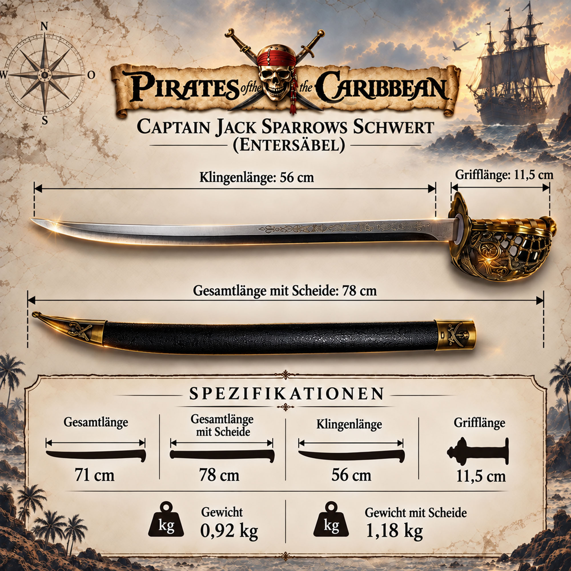 Fluch der Karibik Jack Sparrow Piratensäbel Stahl Replik Inkl Scheide 78 cm