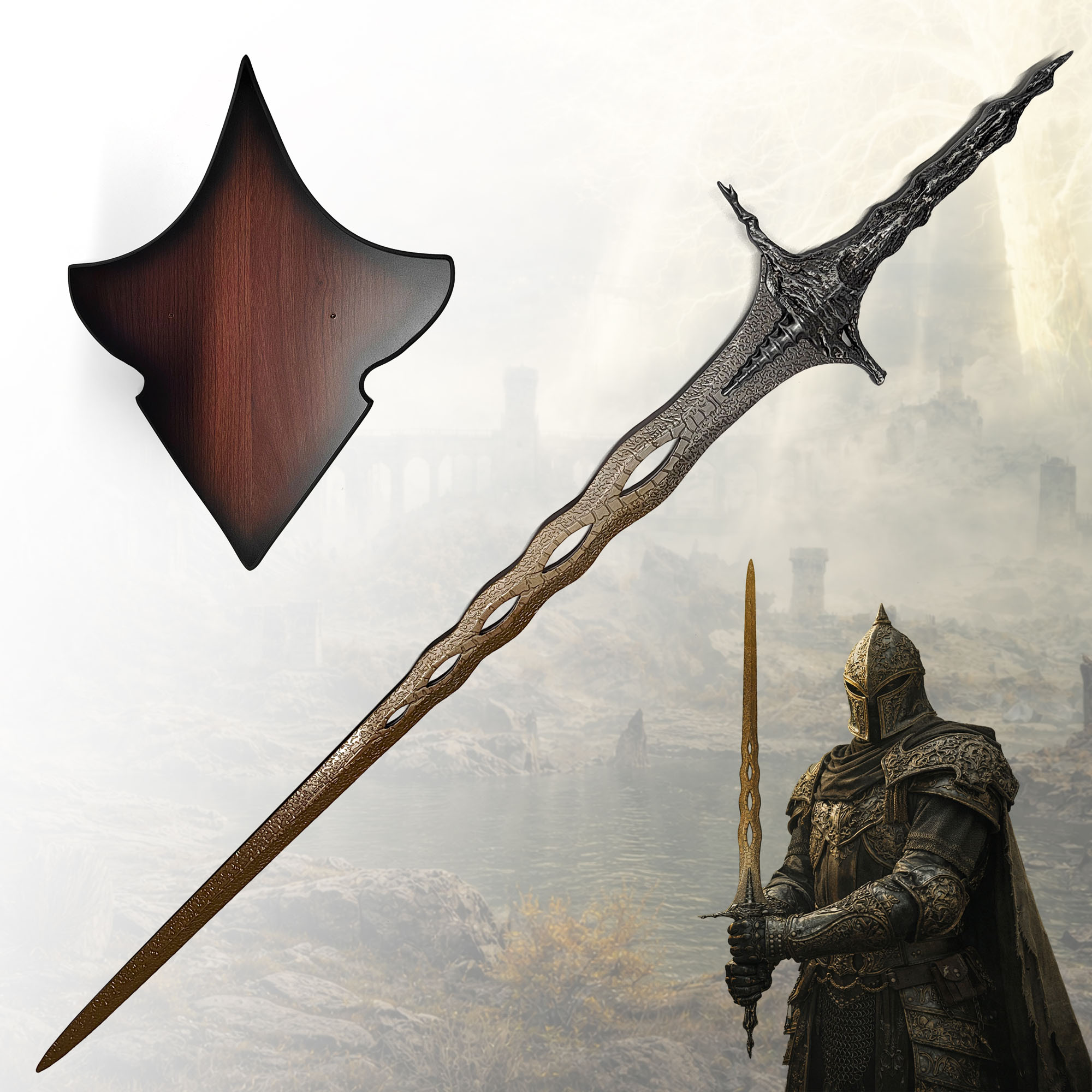 Elden Ring Heiliges Reliquienschwert 115cm mit Wandhalter | Sacred Relic Sword aus Stahl | Eldenbiest Waffe & Welle des Goldes | Massives Metall Sammlerstück (2kg)