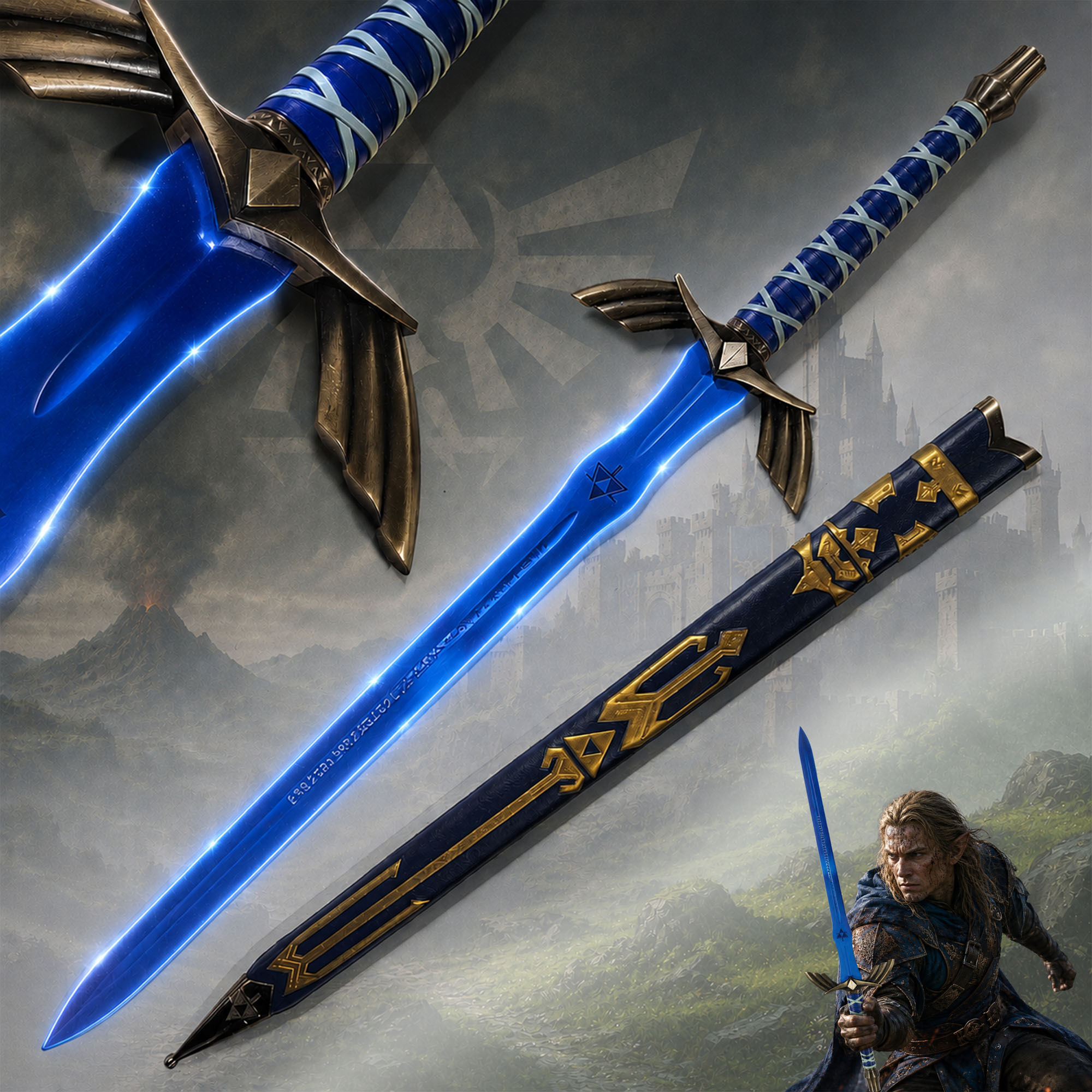 Zelda Master-Schwert Link: XXL Blaue Stahlklinge Replika inkl Scheide 125cm