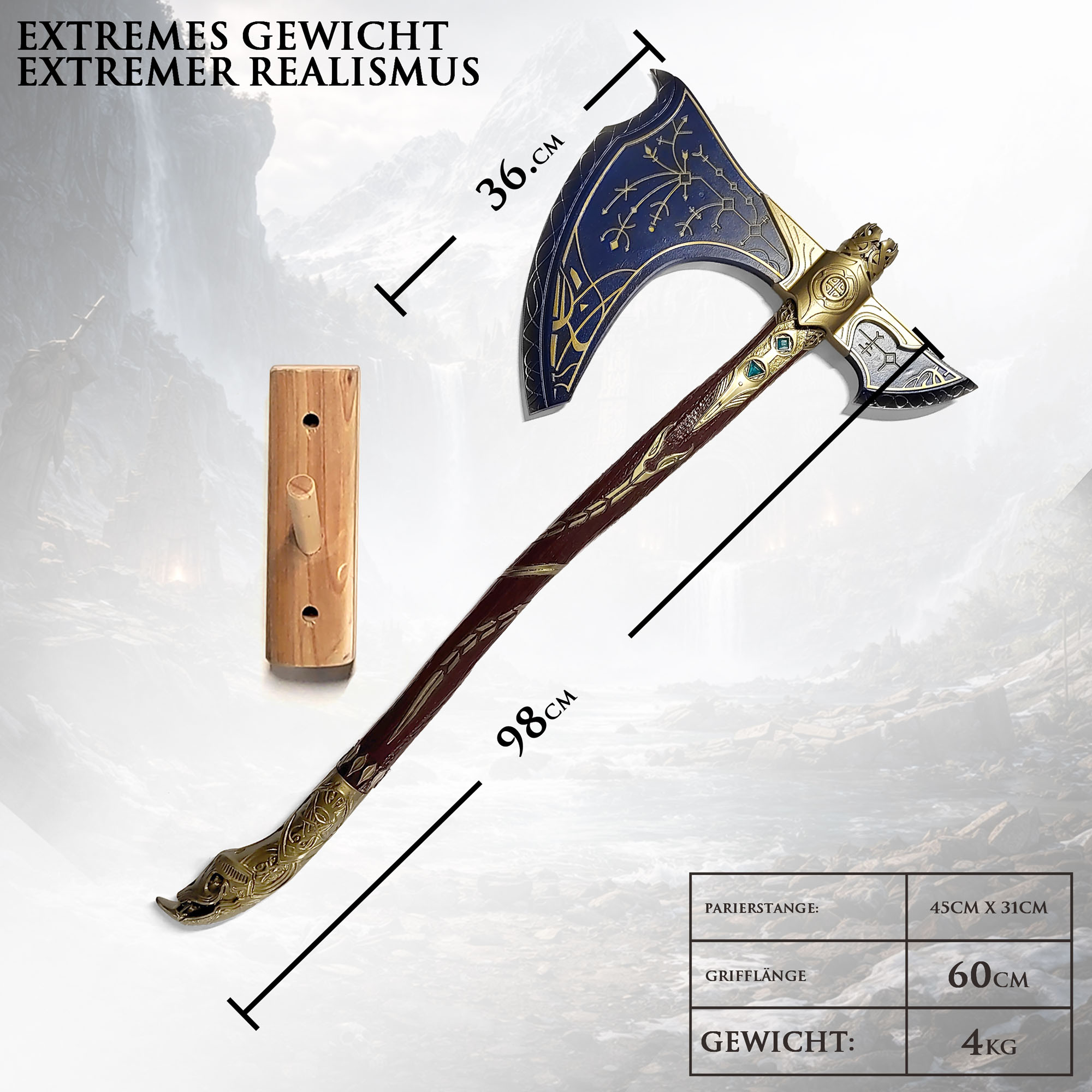 God of War Leviathan Axt 98cm | Massive 4kg Metall Replik mit Leuchteffekt & Wandhalterung | Kratos Waffe mit Stahlkern & Fiber-Griff | Ragnarök Gaming Deko