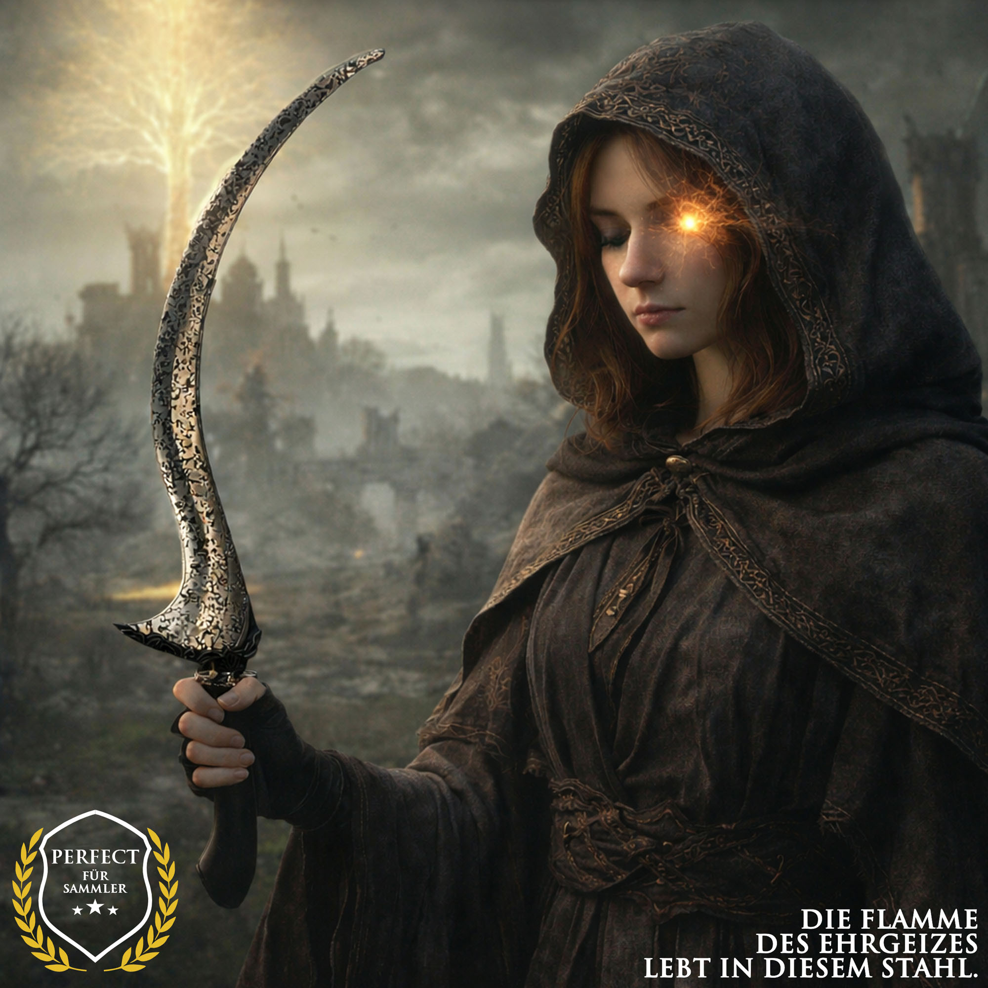 Elden Ring Melina Dolch Klinge des Rufs 55cm mit Ständer | Blade of Calling Stahl Replik mit Aluminium-Griff | Maiden Cosplay Waffe & Gaming Deko