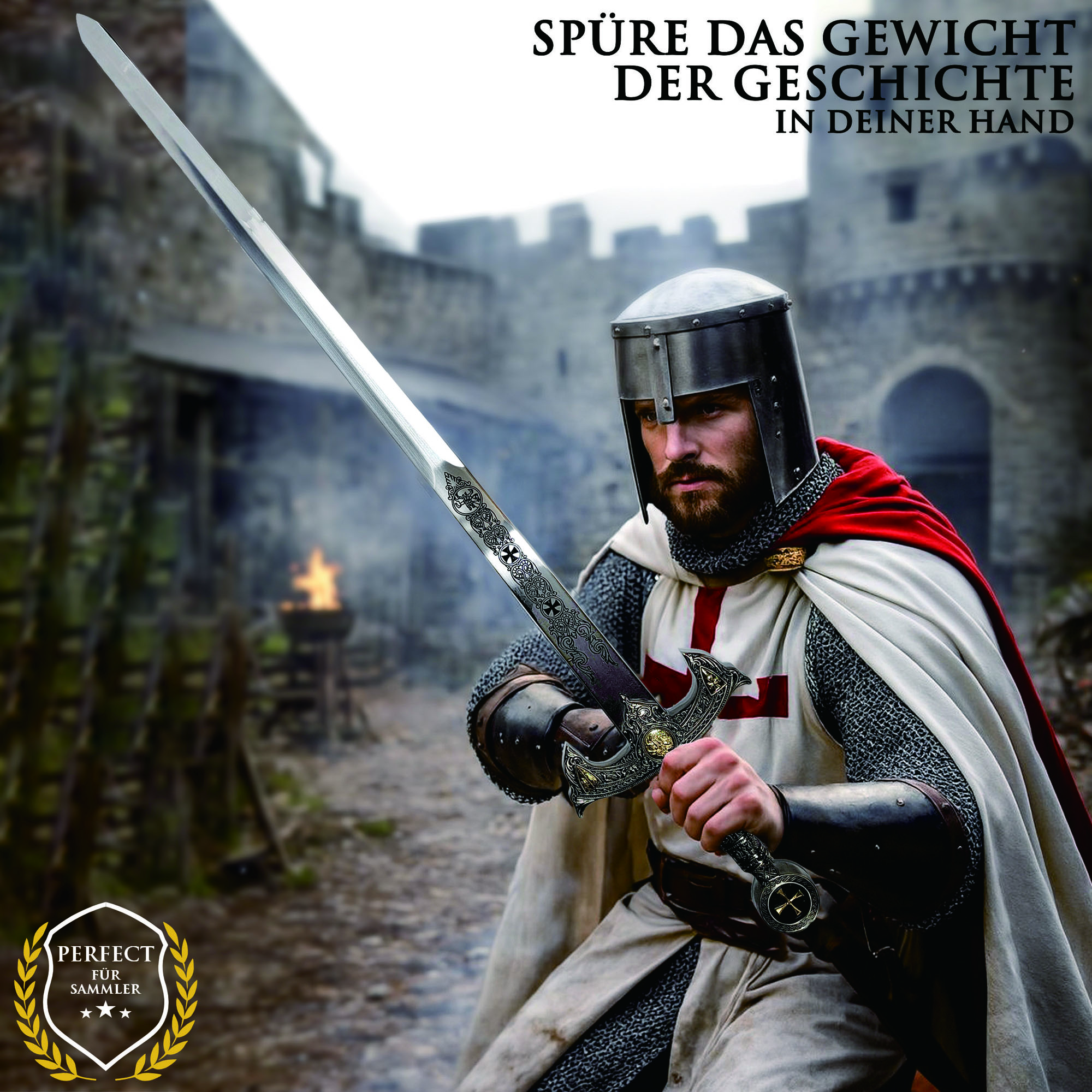 Tempelritter Schwert 118cm | Massives Vollstahl Kreuzritter Schwert (2,1 kg) | Mittelalter Deko Waffe mit Wandhalterung | Knights Templar Replik