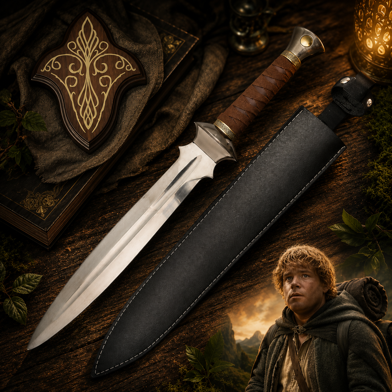 Herr der Ringe Samweis Gamdschie Dolch 60cm | Hobbit Kurzschwert Stahl-Replika mit Echtholz-Griff | Inkl. Kunstleder-Scheide & Holz-Wandhalterung | Fantasy Cosplay Waffe & Mittelerde Sammlerstück