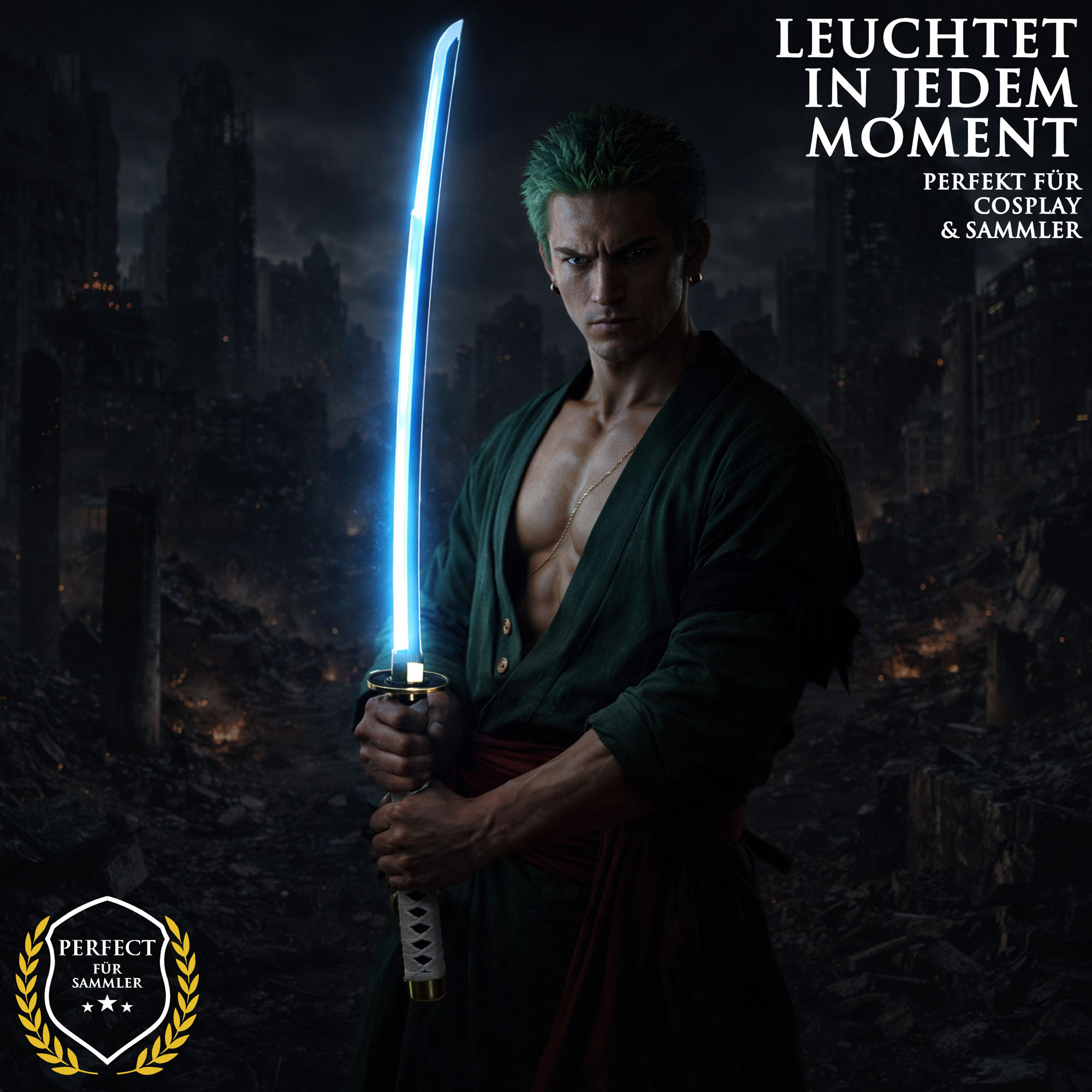 One Piece Wado Ichimonji Katana 104 cm mit LED Klinge – Roronoa Zoro Schwert Replik mit Scheide & Ständer – 1045 Carbonstahl Anime Cosplay Sammlerstück