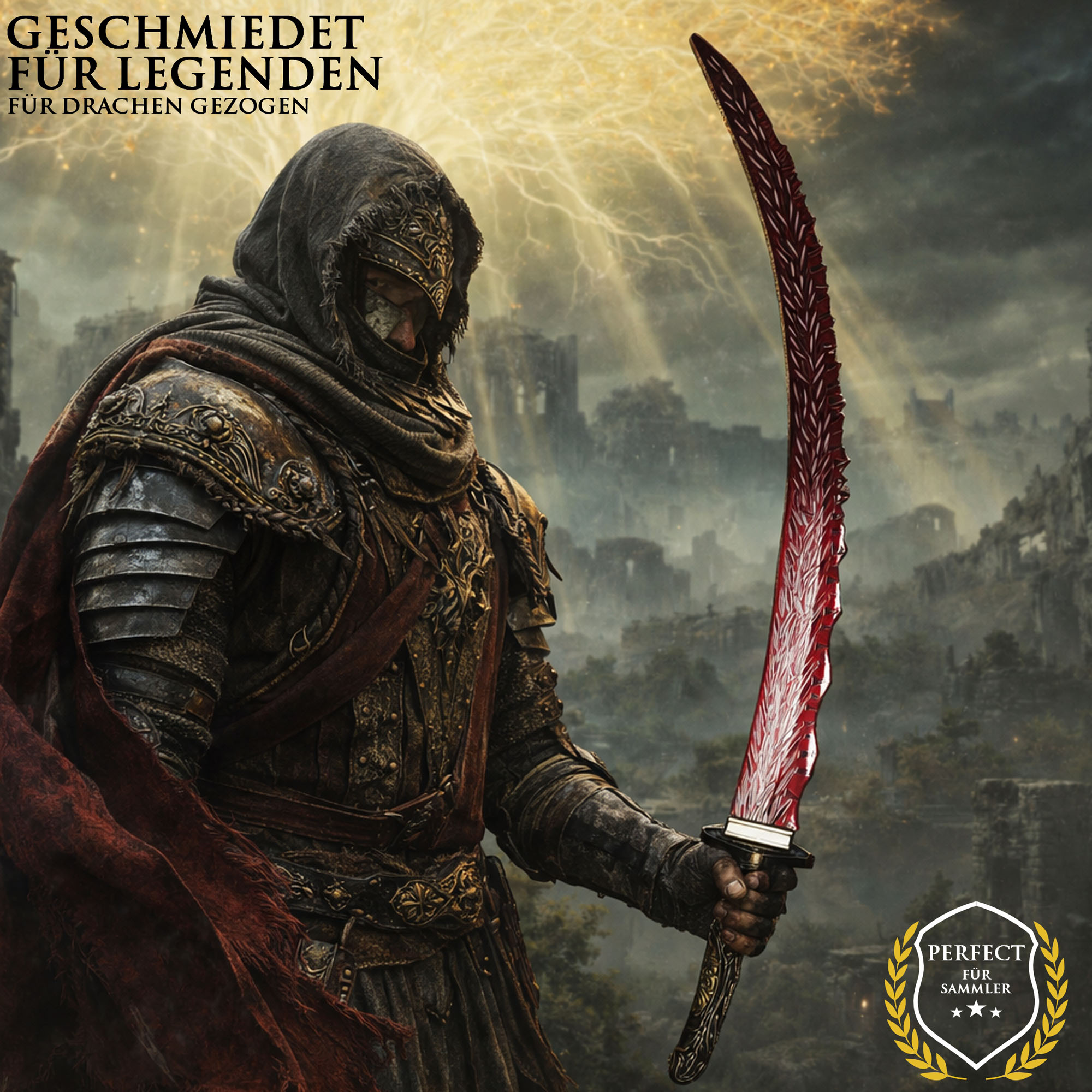 Elden Ring Drachenjäger Großkatana 112cm mit Ständer | Shadow of the Erdtree Waffe aus Stahl | Massives Great Katana mit Metallgriff & Scheide | Gaming Sammlerstück