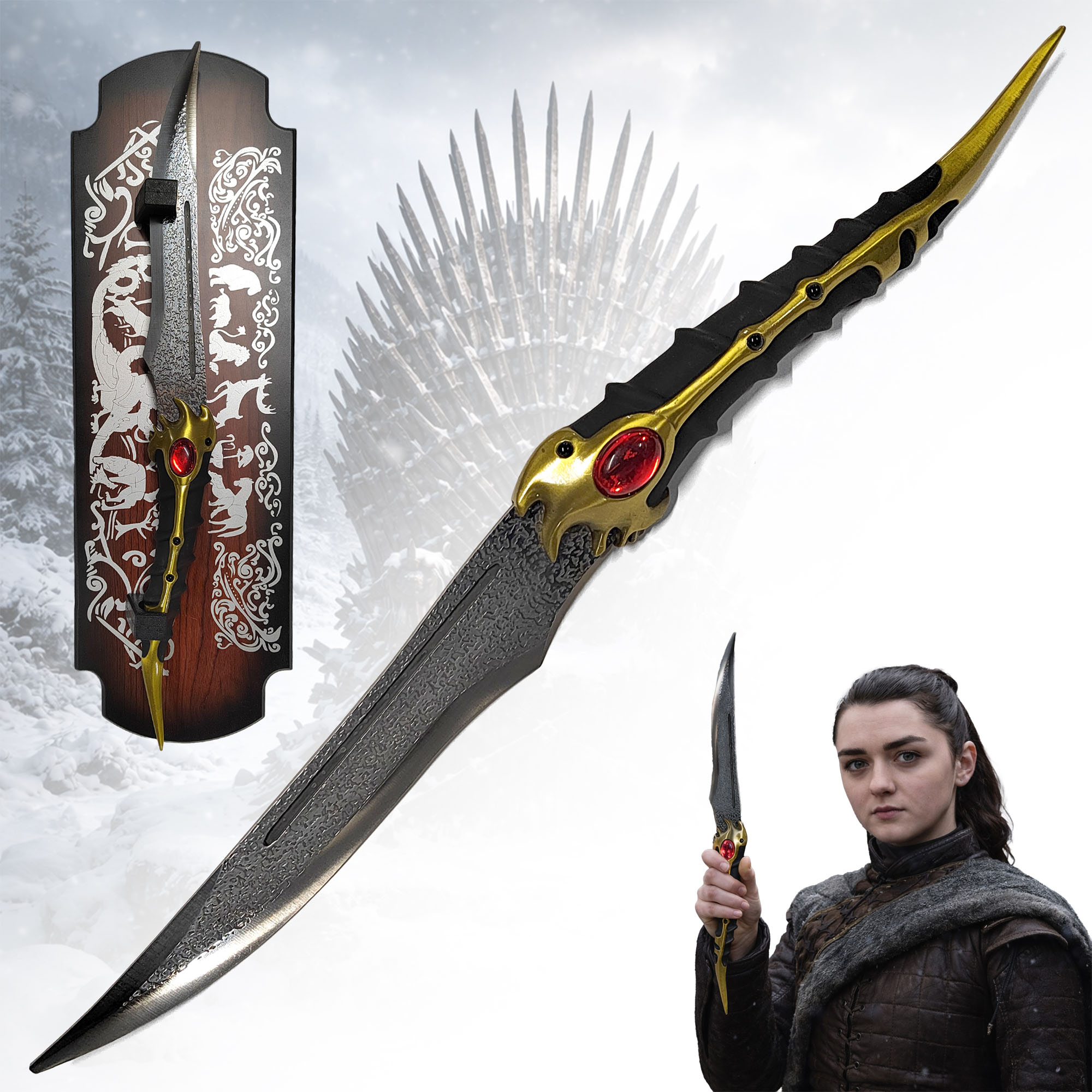 Game of Thrones Arya Stark Dolch Replik 48,5 cm – Legendärer Valyrian Steel Dagger mit Wandhalter – GoT Sammlerstück Fantasy Dolch mit Stahlklinge