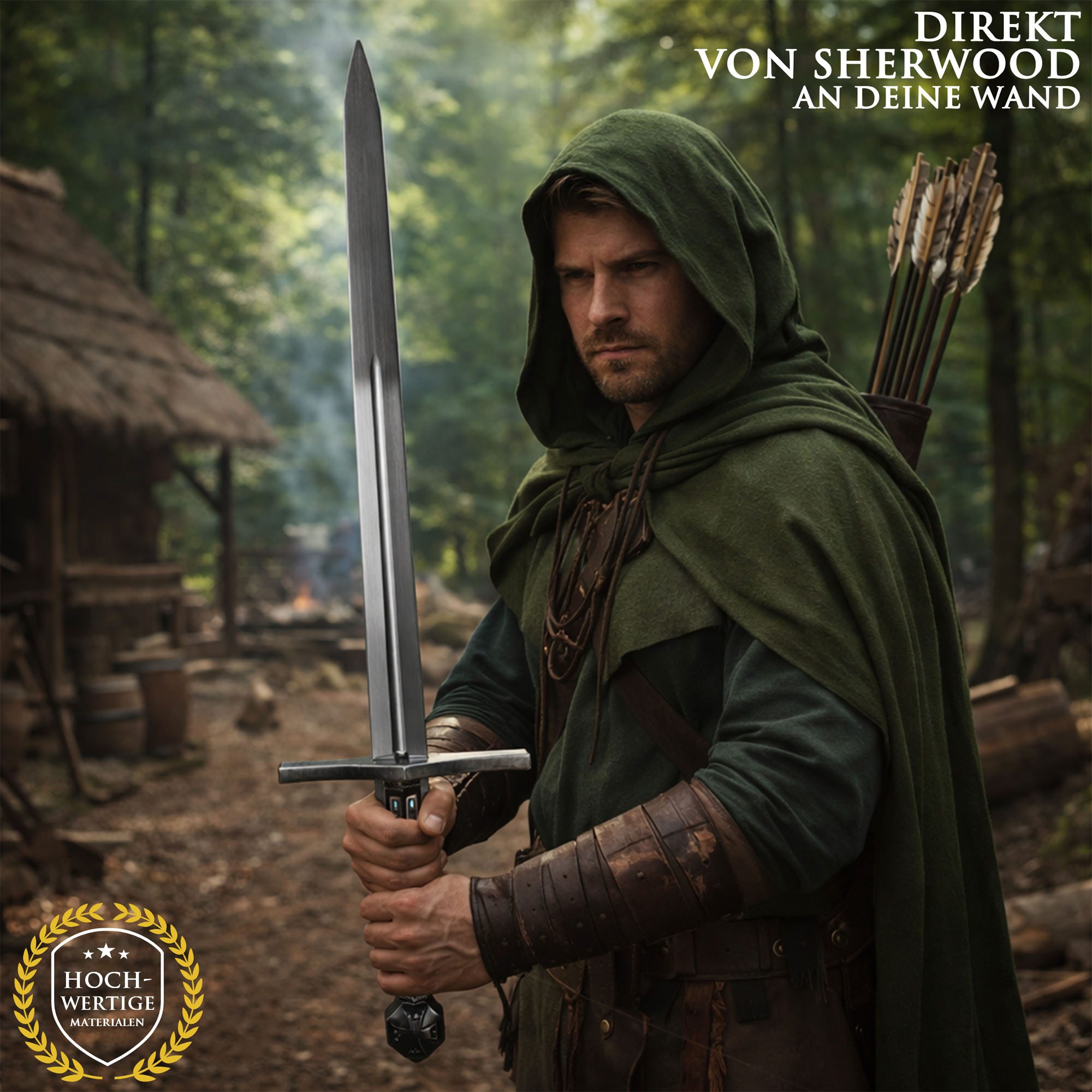 Robin Hood Schwert 114cm | Mittelalter Filmschwert aus Stahl mit Holzgriff & Wandhalter | Prinz der Diebe Replik | Kostümwaffe & Deko für Sammler