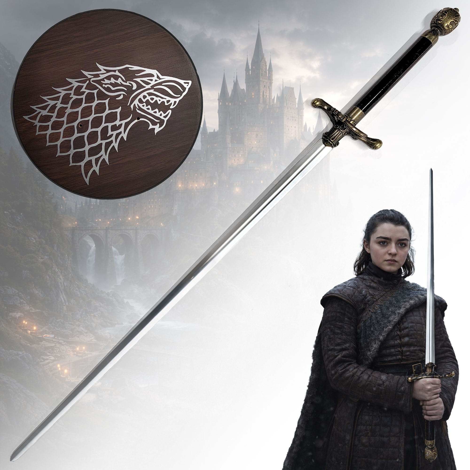 Game of Thrones Schwert Nadel von Arya Stark 97cm | Offizielle Needle Replik mit Haus Stark Wolf-Wandhalterung | GoT Deko Waffe