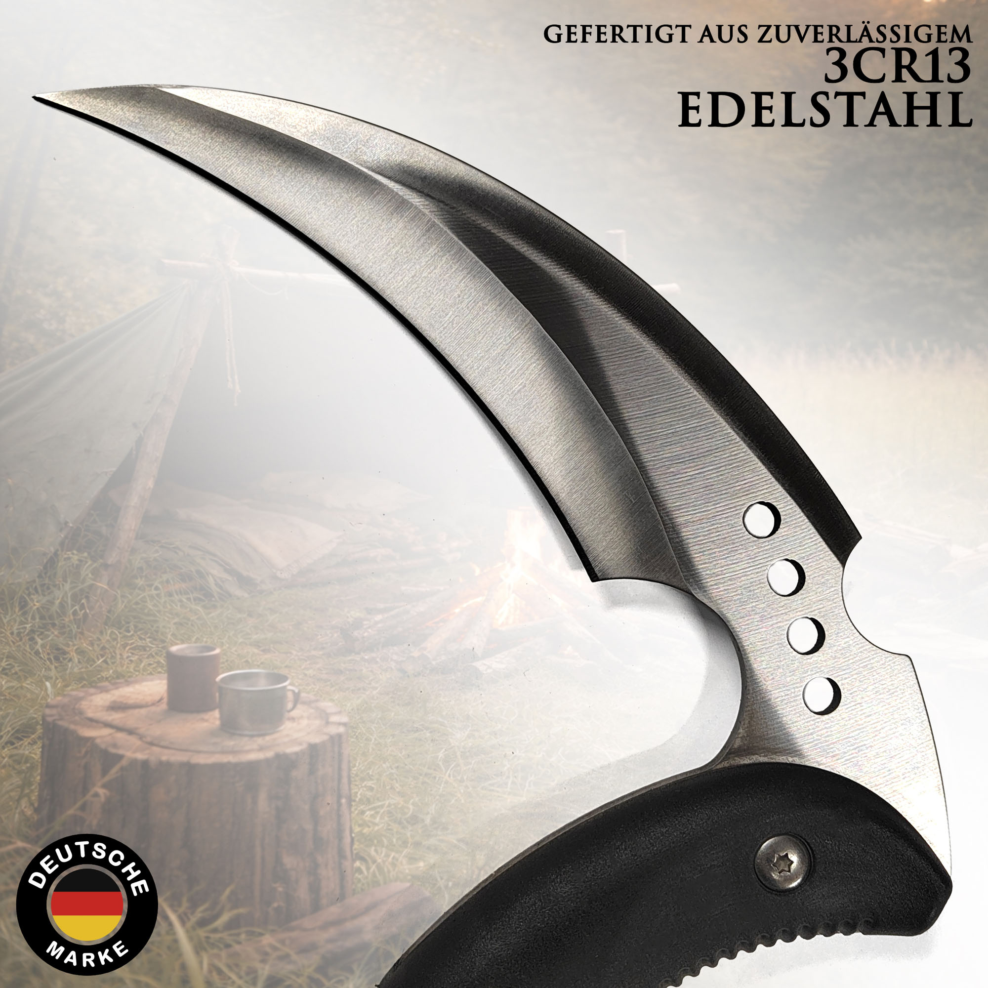 Outdoor Kama Sichel 40 cm – Bushcraft Gartenwerkzeug mit 3Cr13 Edelstahlklinge – Japanische Sichel für Gartenarbeit, Camping, Survival & Outdoor Einsätze